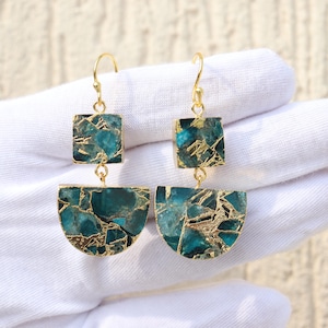 Apatite Jade Turquoise Drop Earrings - 18k Gold Plated Copper Turquoise Earring - Mohave Gemstone Jewelry - Dual Stone Earrings