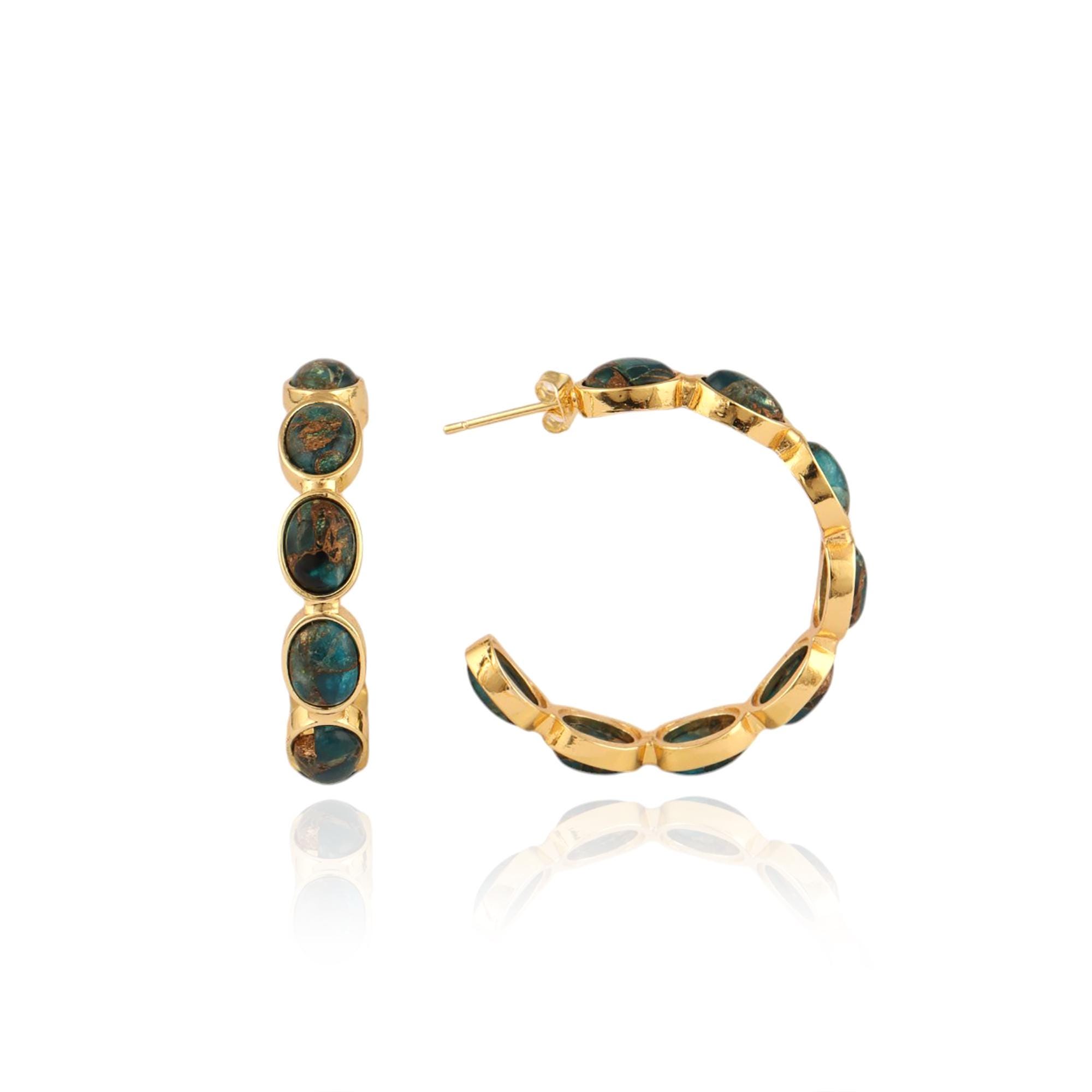 Apatite Copper Turquoise Hoop Earrings: 18k Gold Plated Bohemian Jewelry