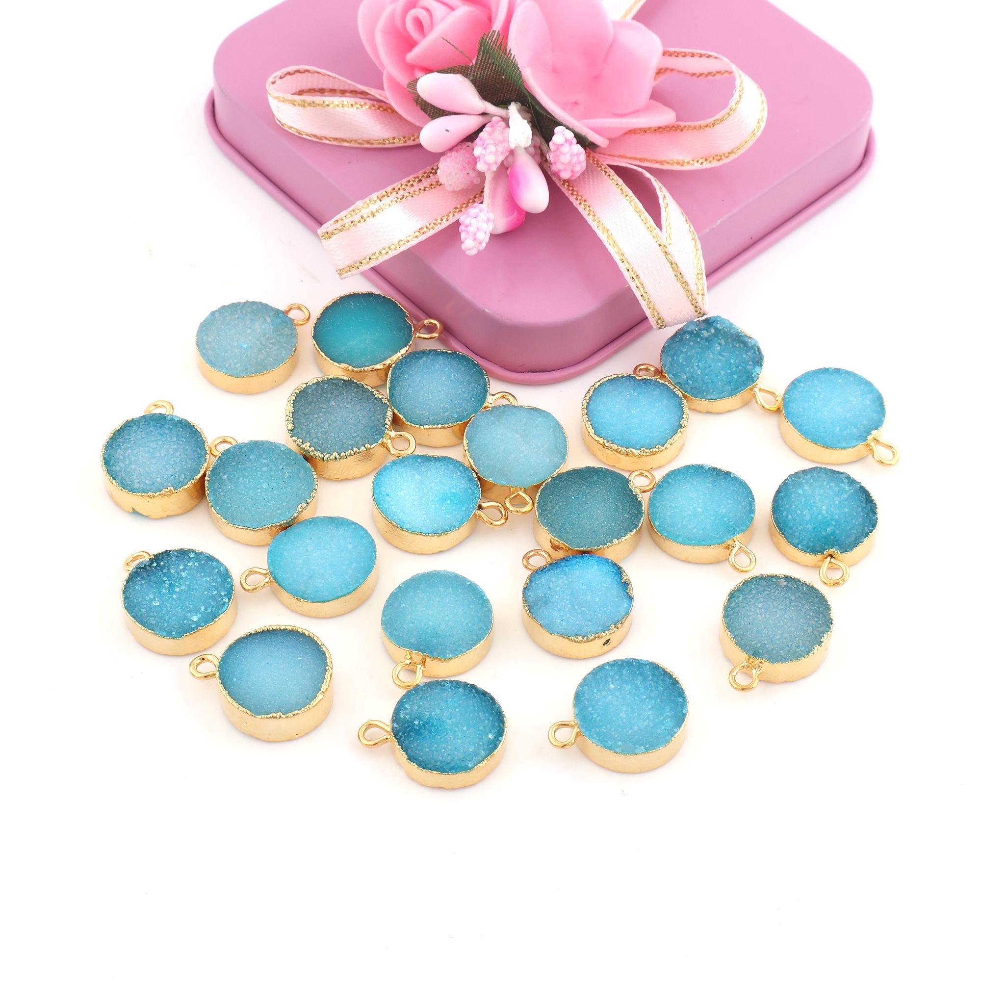 Sky Blue Sugar Druzy Connectors: Gold Electroplated, 12mm Round