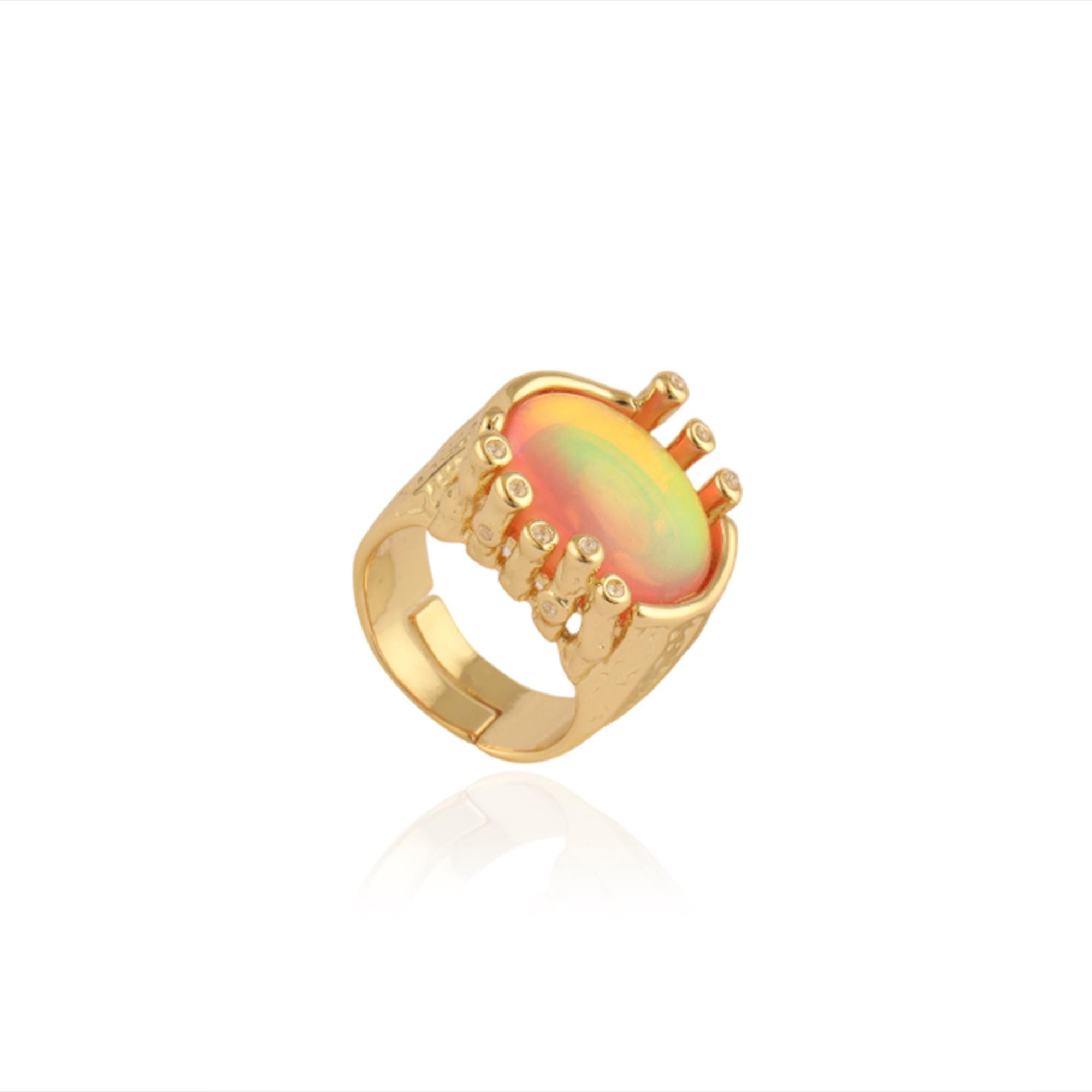 Oval Fire Opal Ring: Gold Plated Adjustable CZ Ring