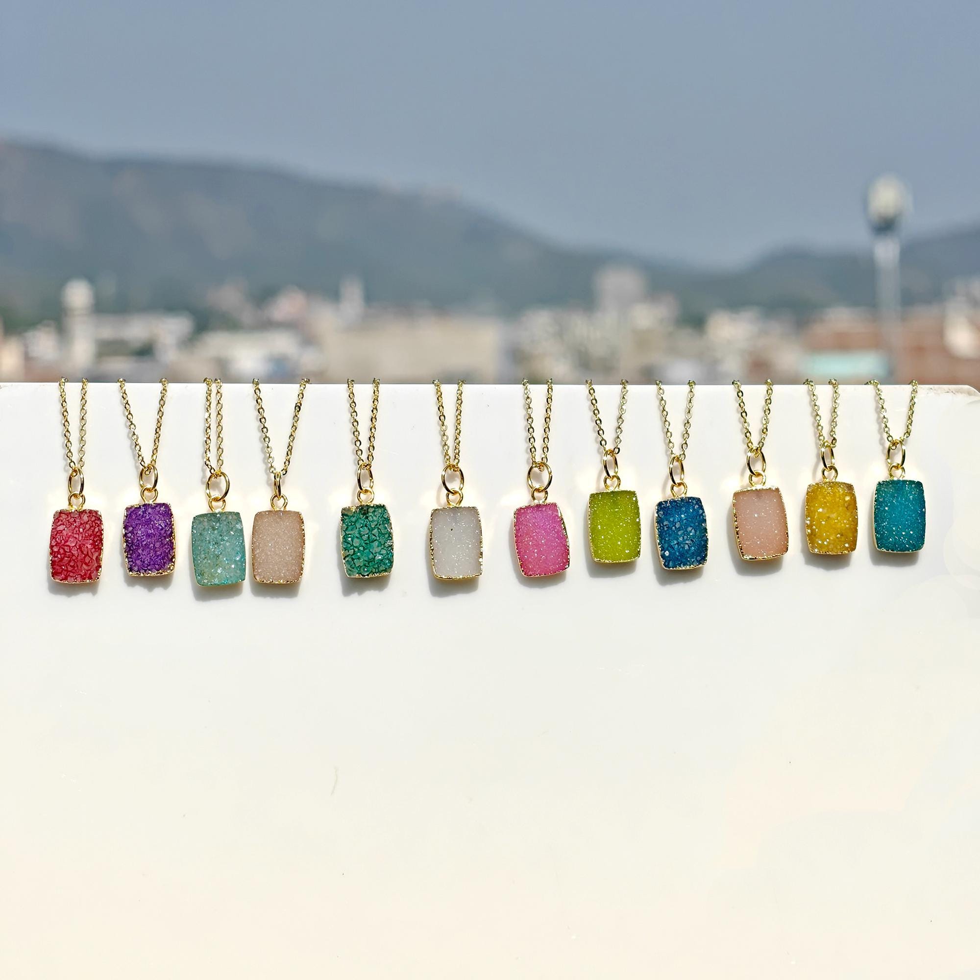 10x14mm Agate Druzy Necklace - Gold Electroplated Raw Natural Gemstone Pendant