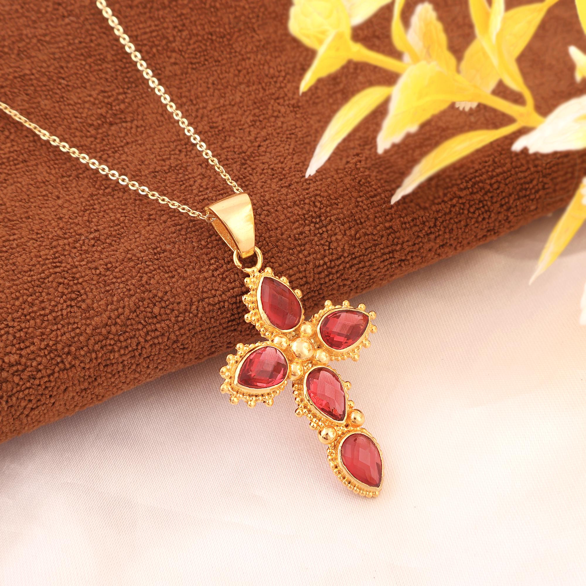 Beaded Gold Cross Pendant Necklace: Swiss Blue or Ruby Red Quartz