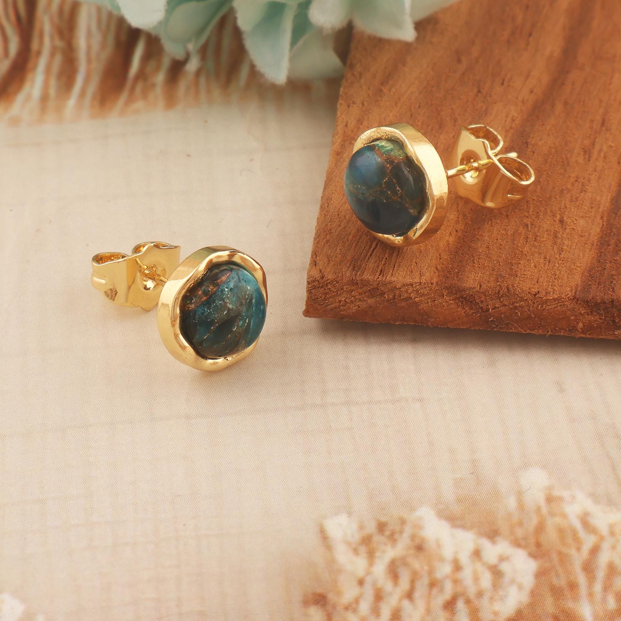 Mohave Copper Turquoise Stud Earrings: Gold Plated Brass Posts
