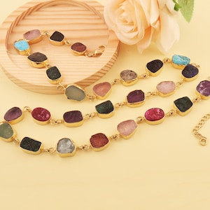 Multicolor Statement Necklace, Raw Crystal Necklace, Personalized Familty Birthstone Necklace, Gift for Mom, Collet Set Colorful Gemstone