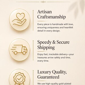May include: An informational graphic titled Why Choose Us with three sections. Each section features a gold circular icon and text: Artisan Craftsmanship, Speedy & Secure Shipping, and Luxury Quality, Guaranteed, with descriptive text below each heading.