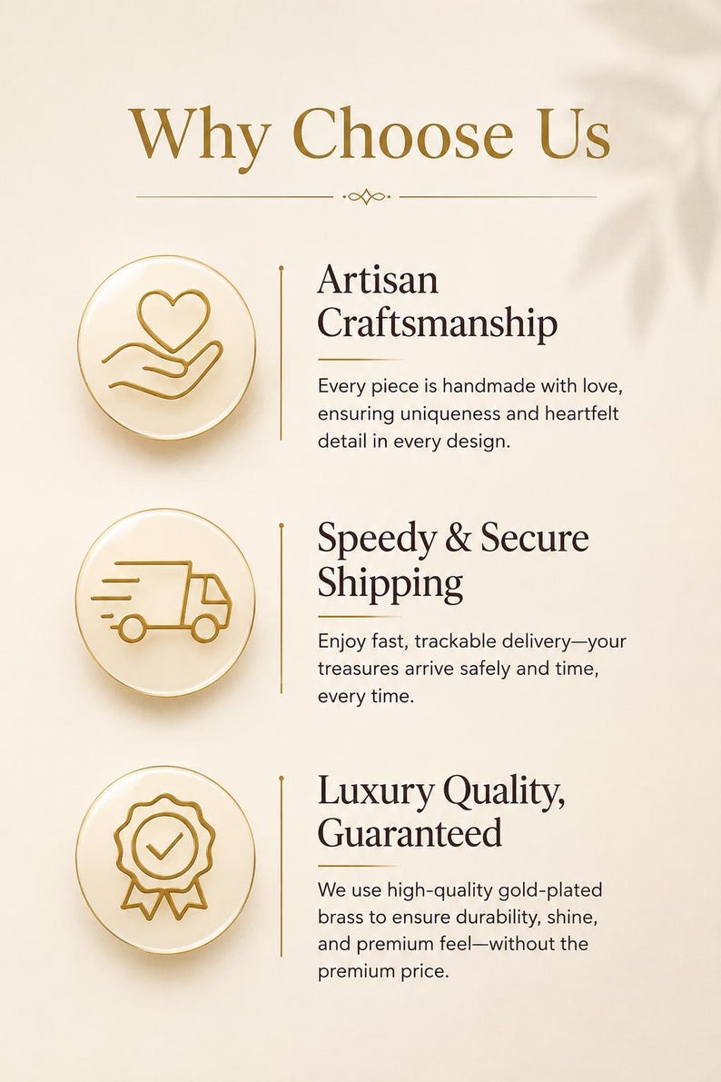 May include: An informational graphic titled Why Choose Us with three sections. Each section features a gold circular icon and text: Artisan Craftsmanship, Speedy & Secure Shipping, and Luxury Quality, Guaranteed, with descriptive text below each heading.