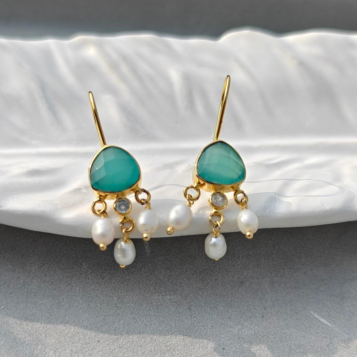 Gold Aqua Chalcedony and Pearl Dangle Earrings – Handmade Gold Plated Hooks with CZ Accent
