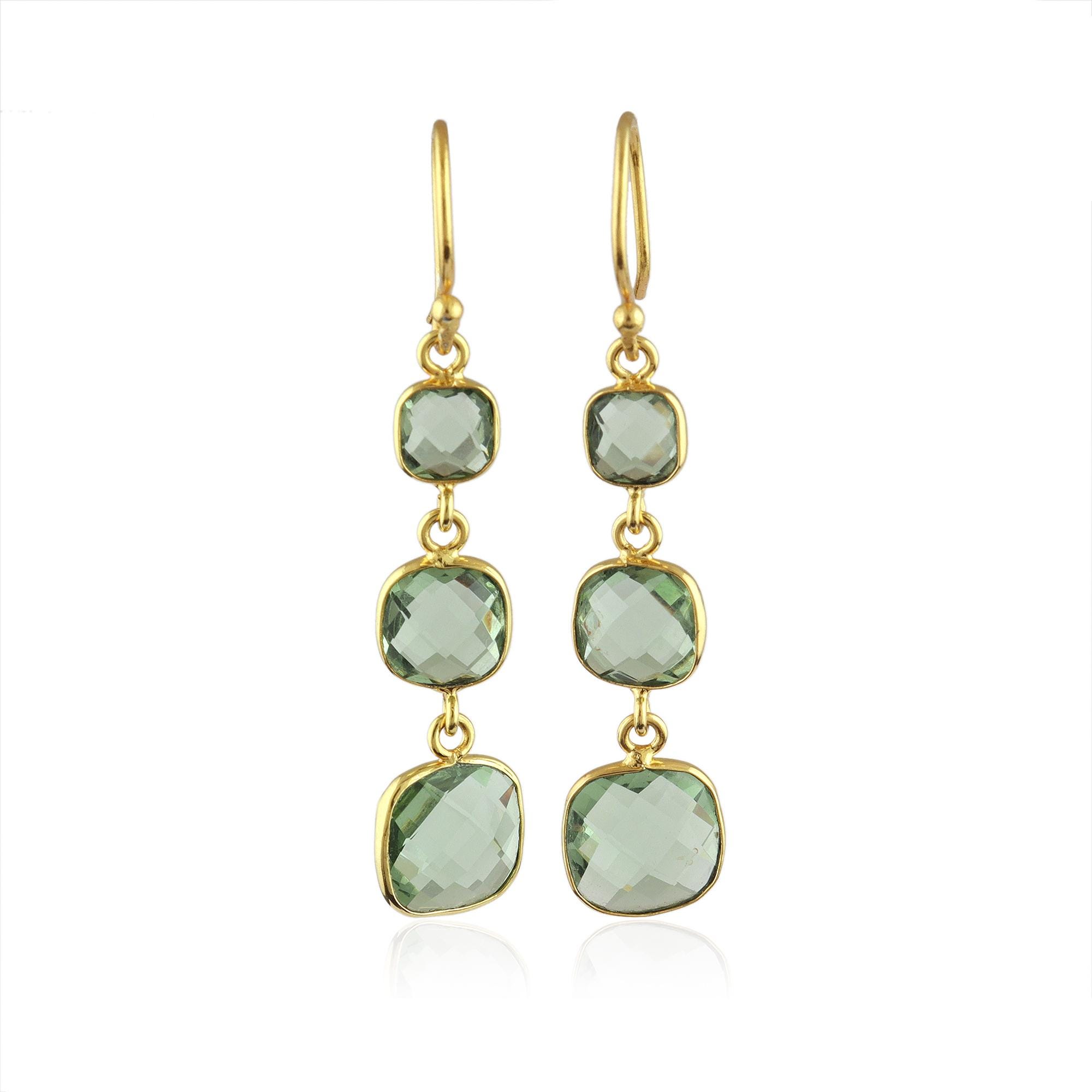 Gold Plated Green Amethyst Earrings: Cushion Quartz Dangle Bezel Set