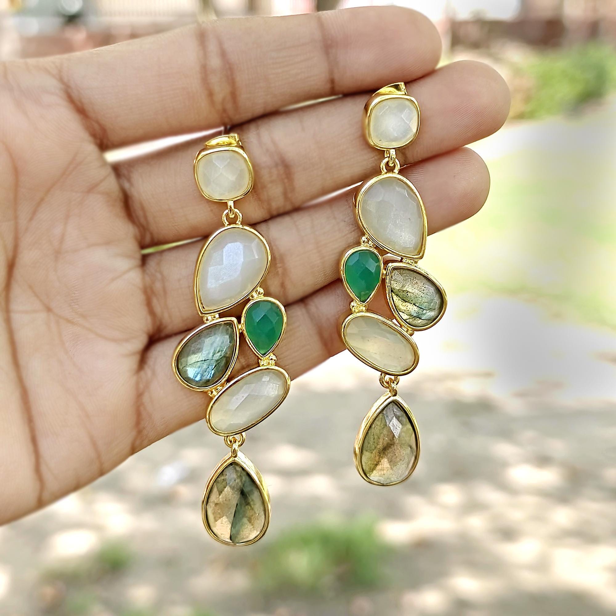 White Moonstone Labradorite Earrings: Green Onyx Drops, Gold Plated Dangle Earrings