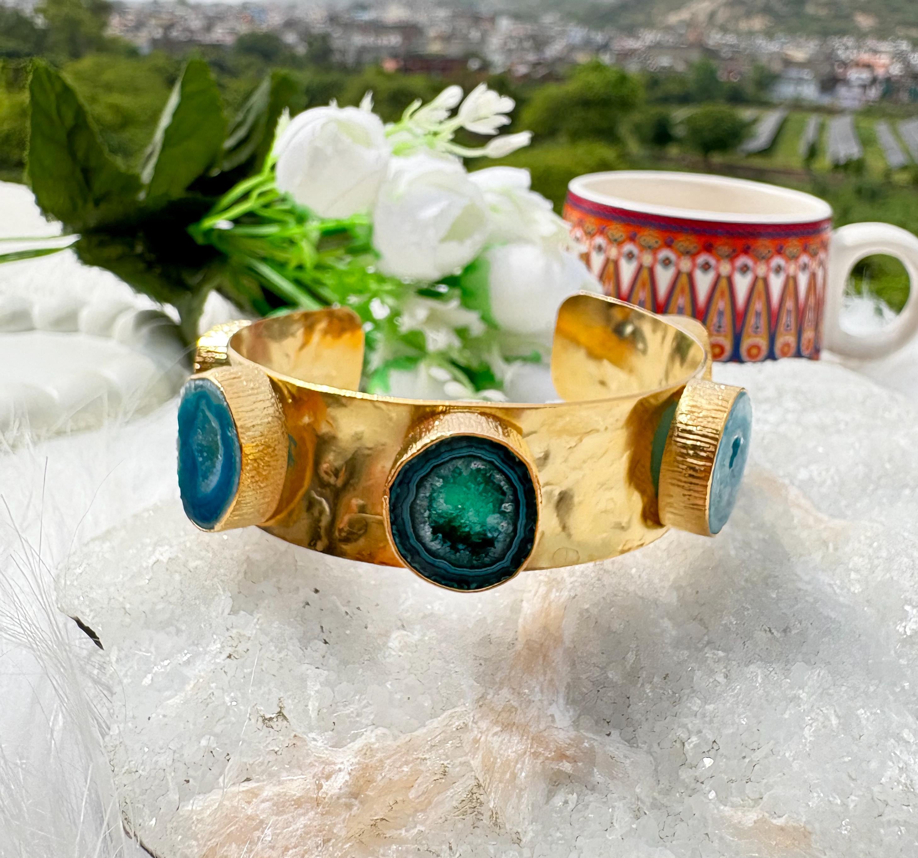 Hammered Gold Agate Druzy Cuff Bracelet: Green & Blue Crystal Adjustable Bangle