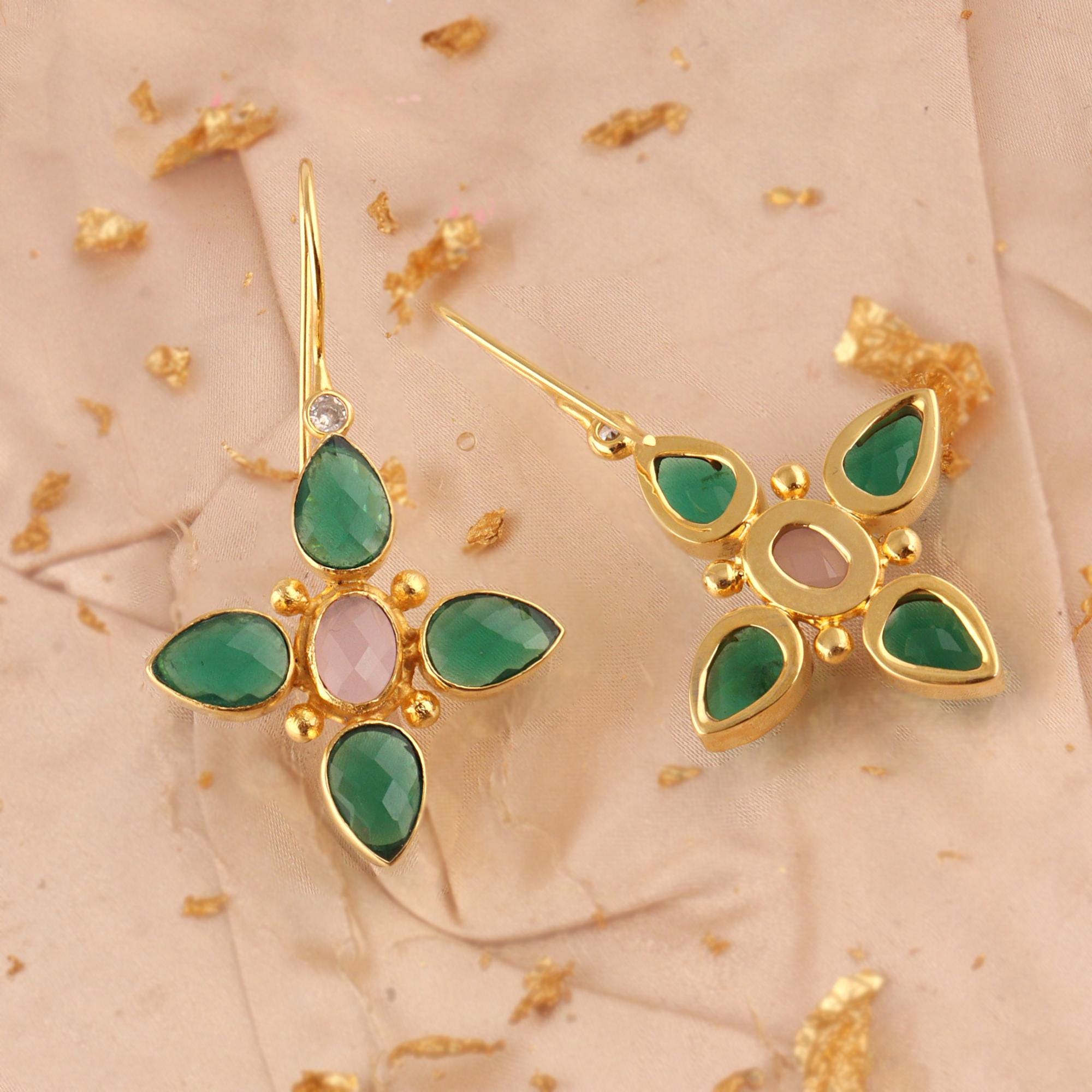 Green Quartz & Pink Chalcedony Statement Earrings: 18k Gold Plated Artisan Drops