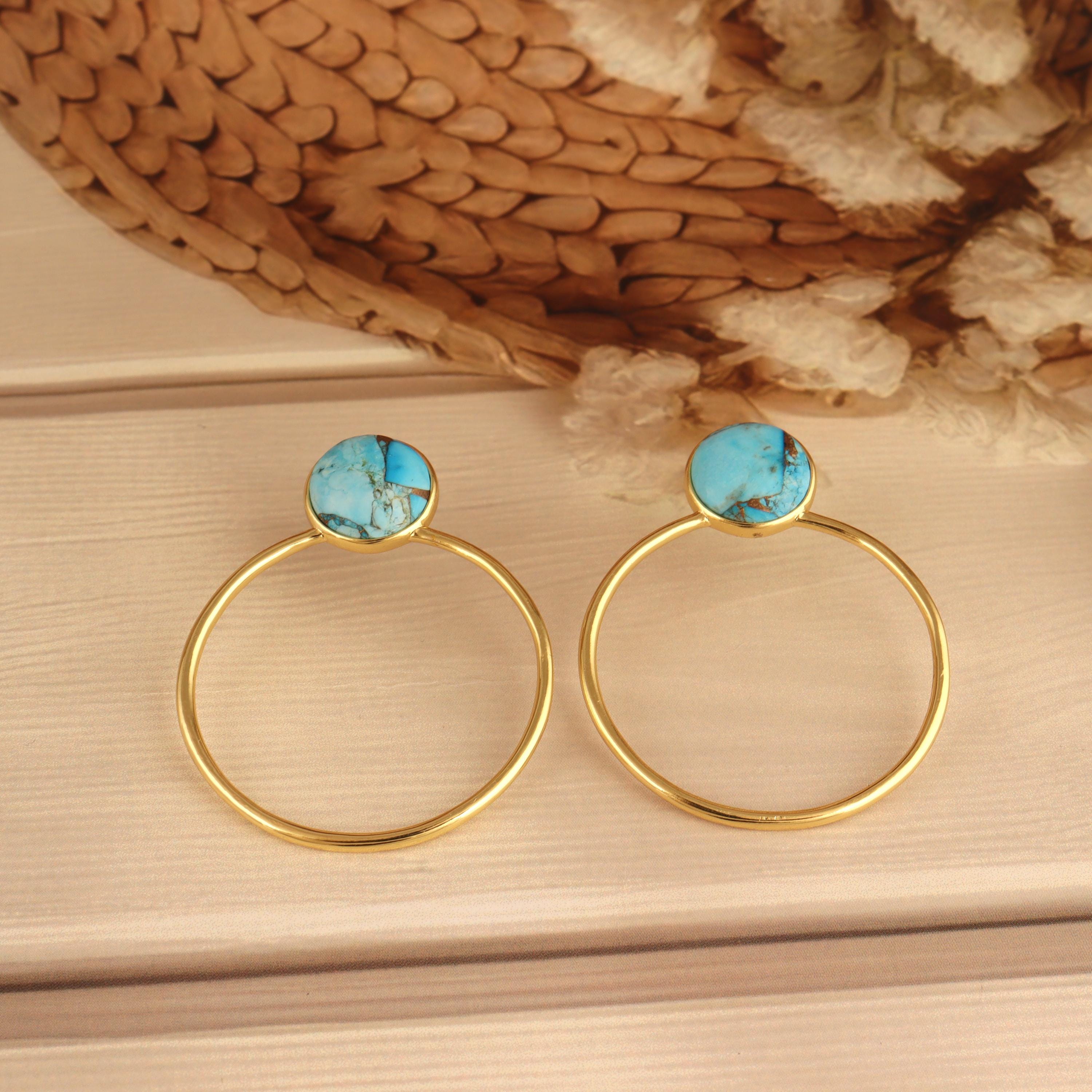 Blue Turquoise Hoop Earrings: Gold-Plated Mohave Copper, Gift
