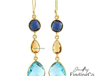 Hydro Quartz Gemstone Earrings, 18k Gold Plated, Bezel Set Dangles