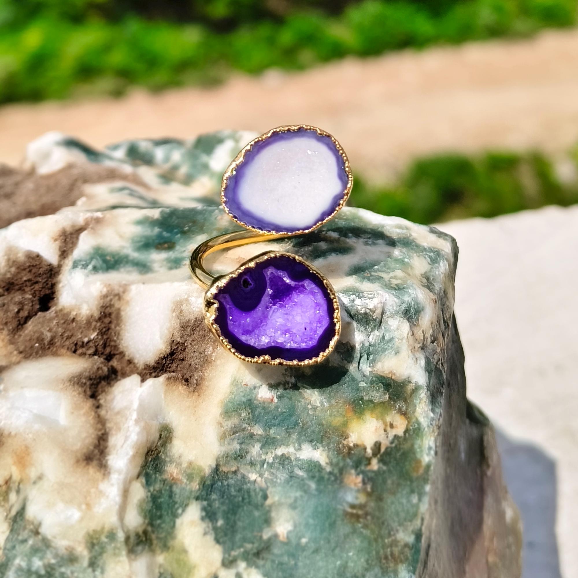agete ドルジーアゲートリング　11号　パープル Purple & White Agate Geode Ring: 18k Gold Plated Adjustable Druzy