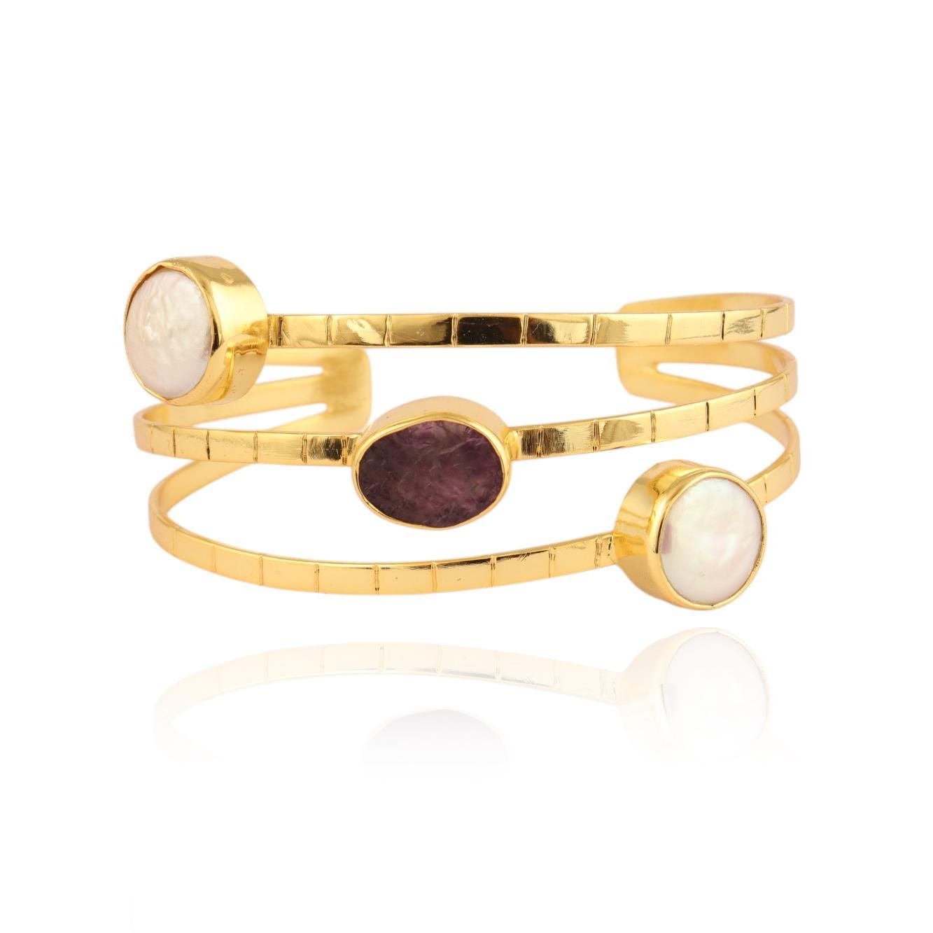Pearl & Amethyst Gold Plated Cuff Bracelet - Adjustable Brass Bangle