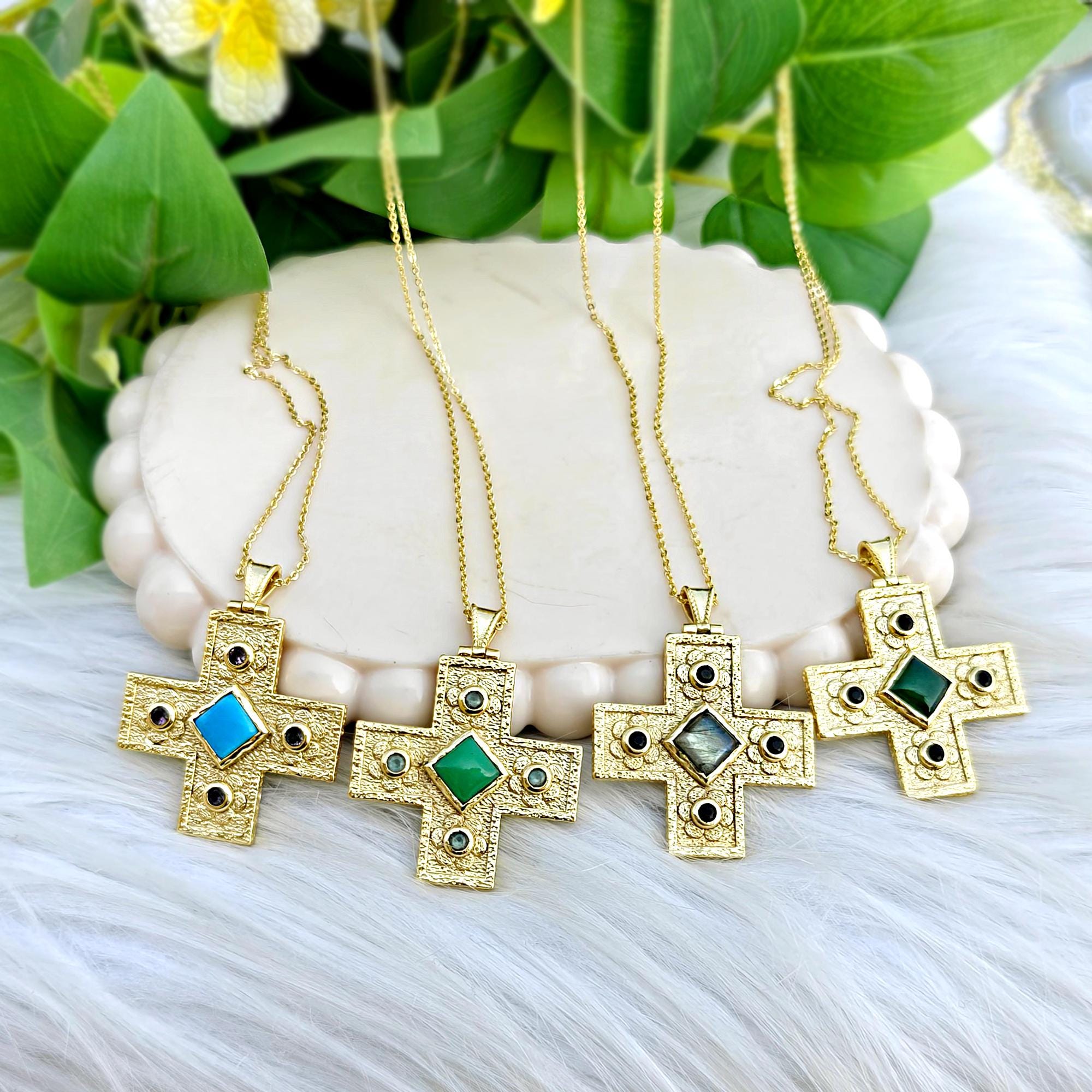 Gold Cross Gemstone Pendant Necklace – Chrysoprase, Turquoise