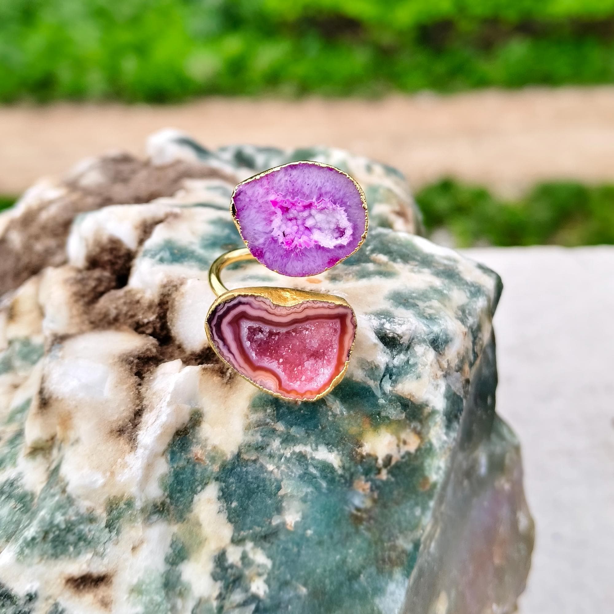 Pink & Orange Agate Druzy Ring: 18k Gold Plated Adjustable Geode Statement Ring
