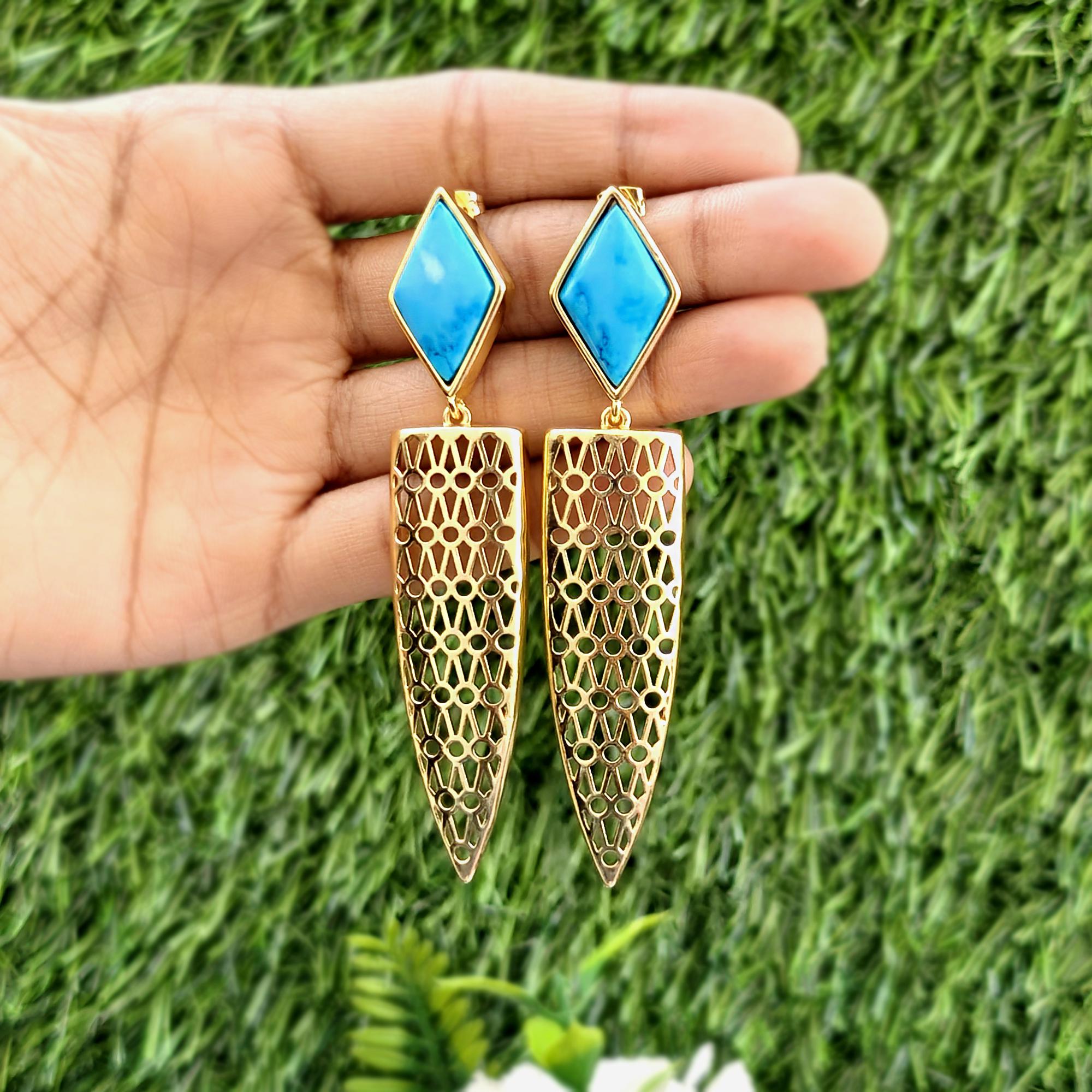 Mixed Copper Turquoise Brass Earrings: Gold Plated Long Filigree Drop Earrings
