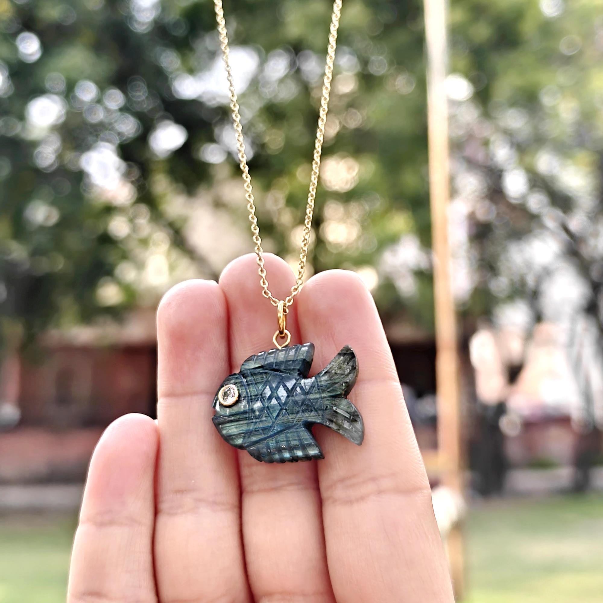Hand Carved Labradorite Fish Necklace with Clear CZ: Sparkling Eye Gemstone Pendant