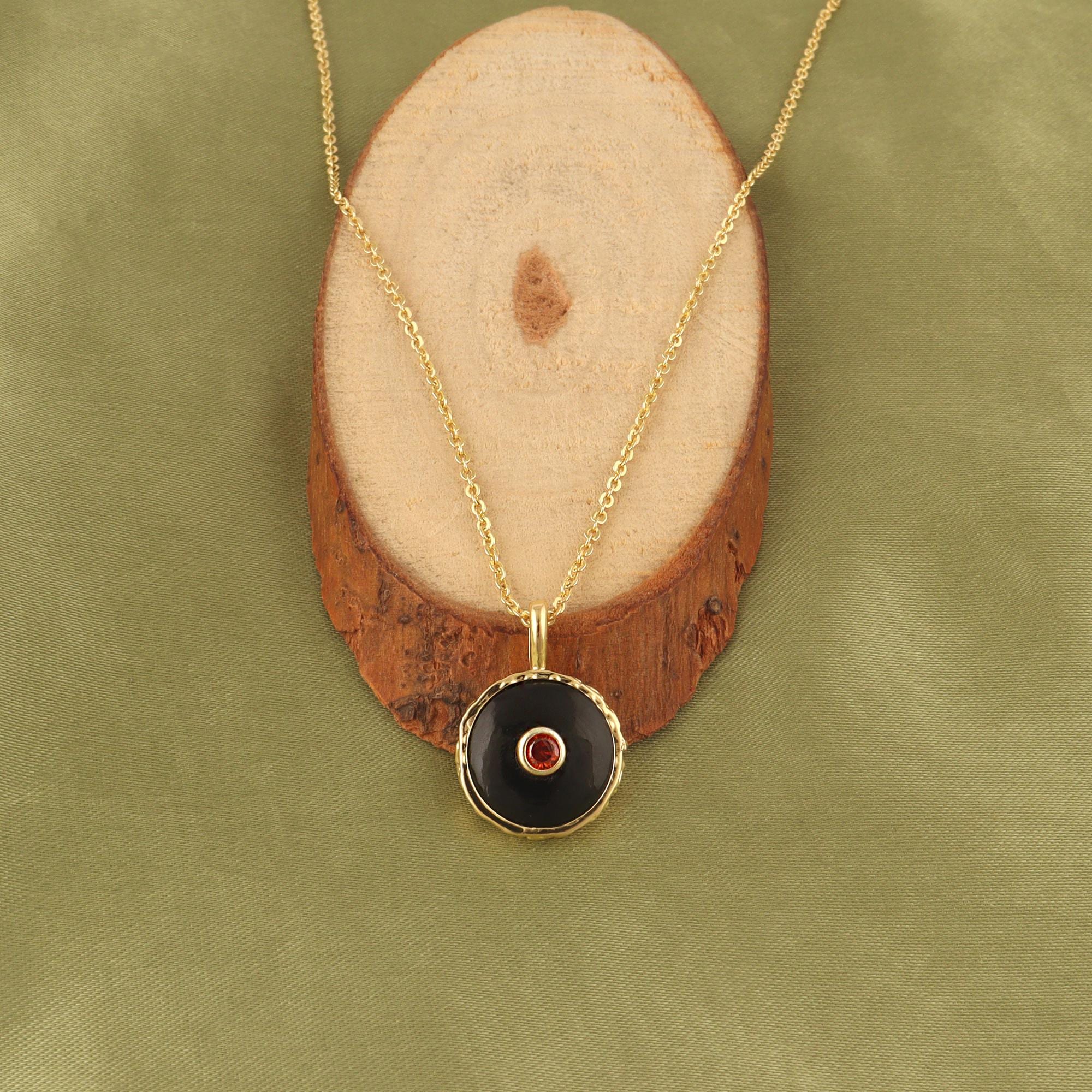 Natural Black Onyx with CZ Pendant Charms: Gold Plated Round Gemstone Necklace