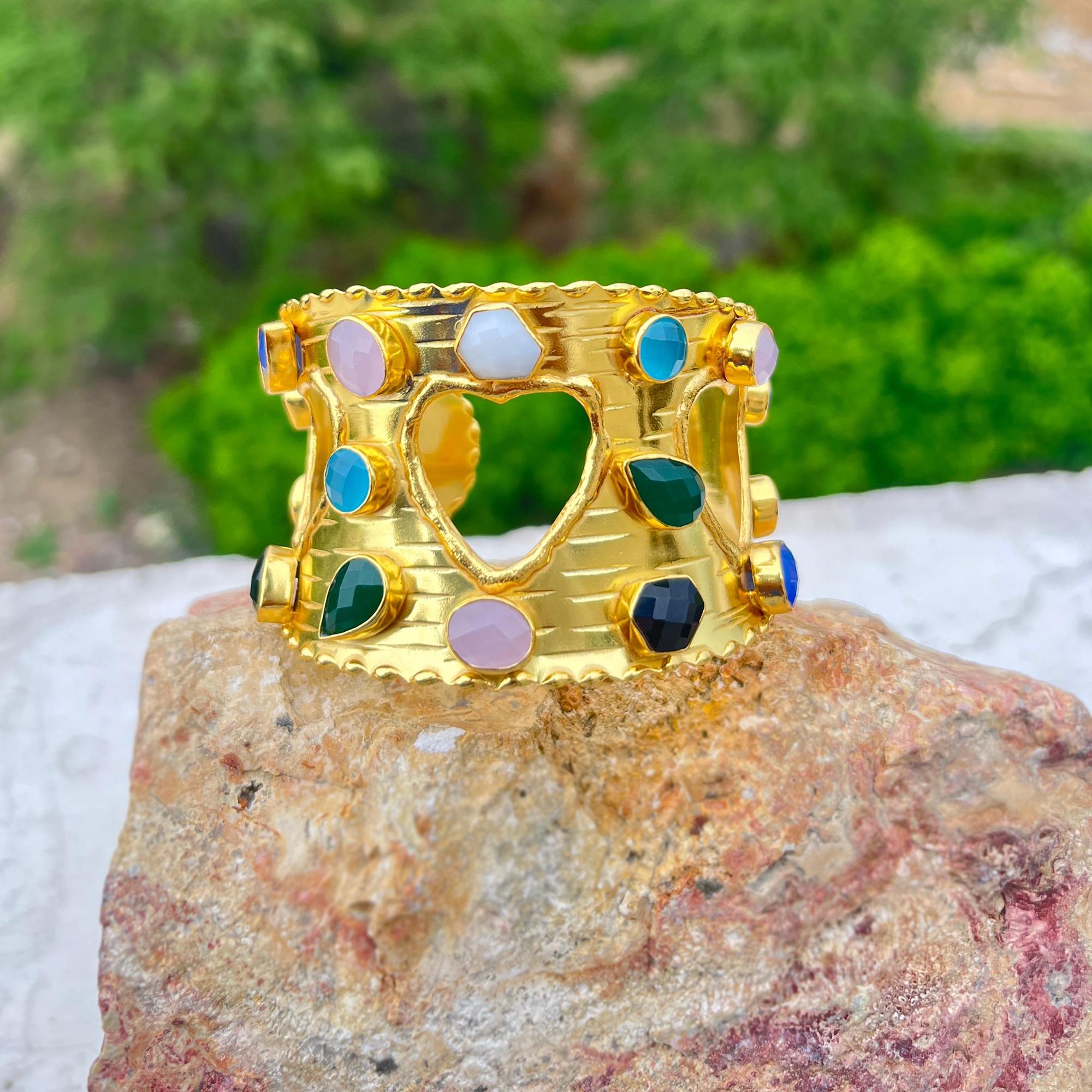 Multi Gemstone Cuff Bracelet: Gold-Plated Brass Bangle, Boho Wedding Jewelry
