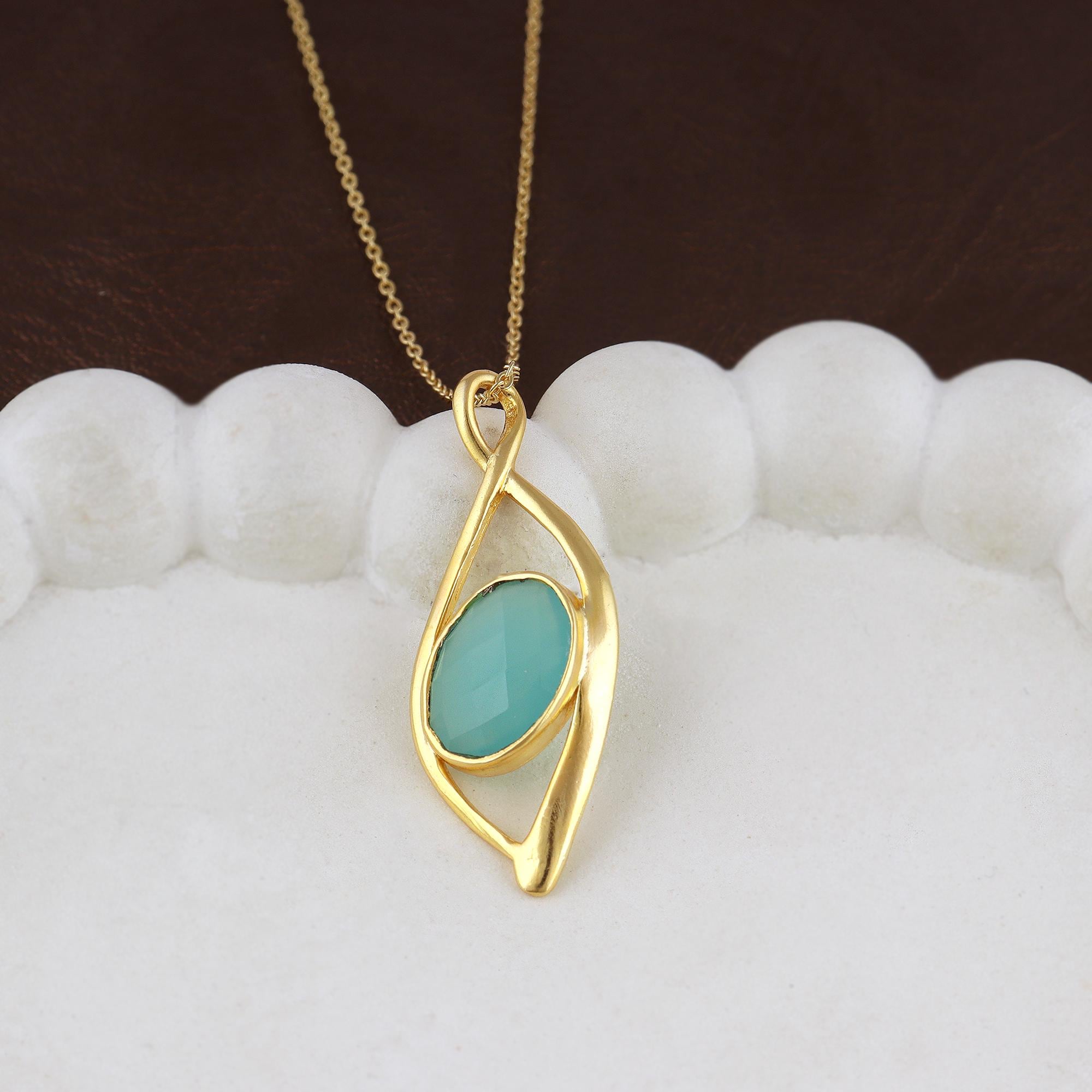 Aqua Chalcedony Gold Plated Necklac: Brass Cable Chain Eye Shaped Minimal Design Pendant