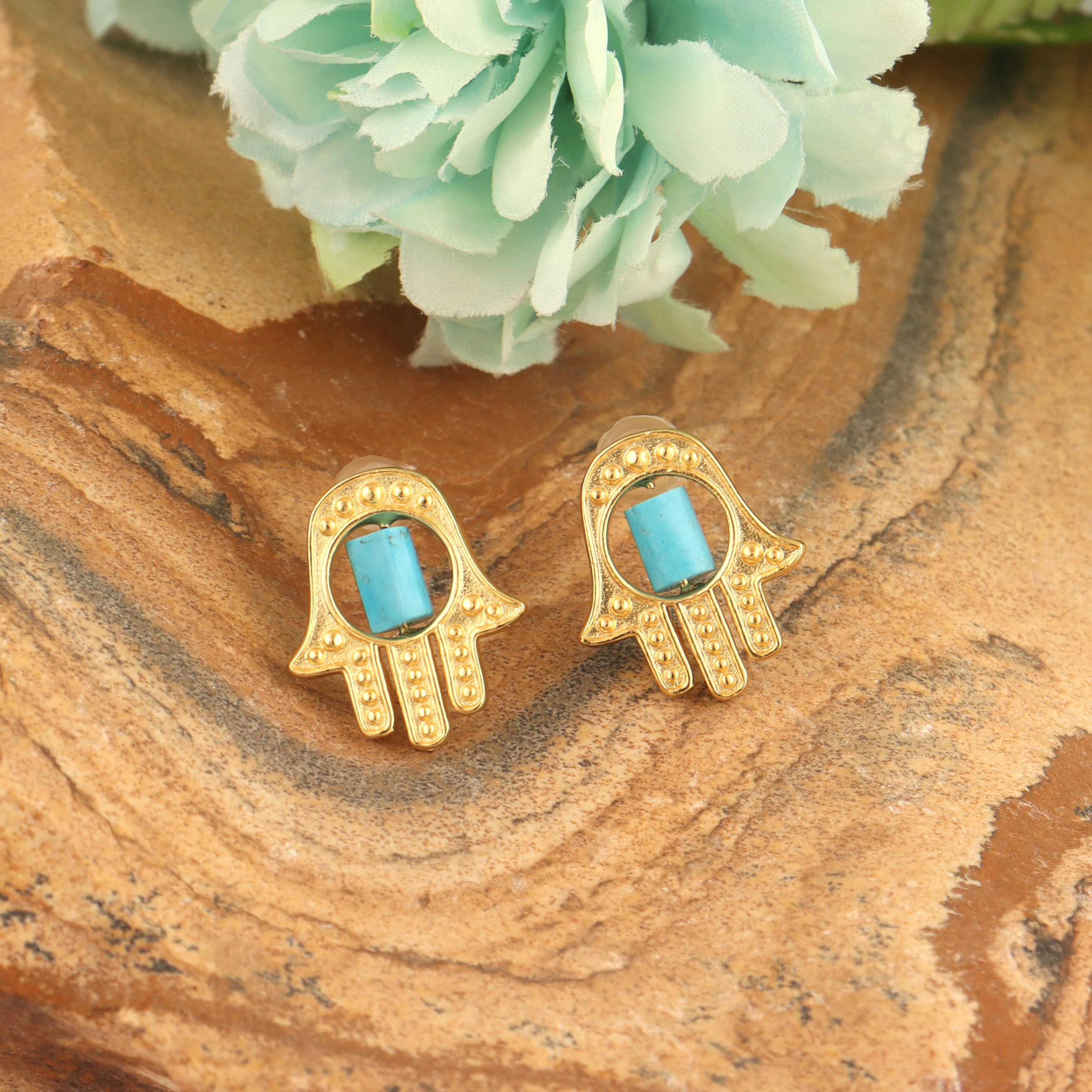 Gold Hamsa Turquoise Stud Earrings: Spiritual Boho Jewelry