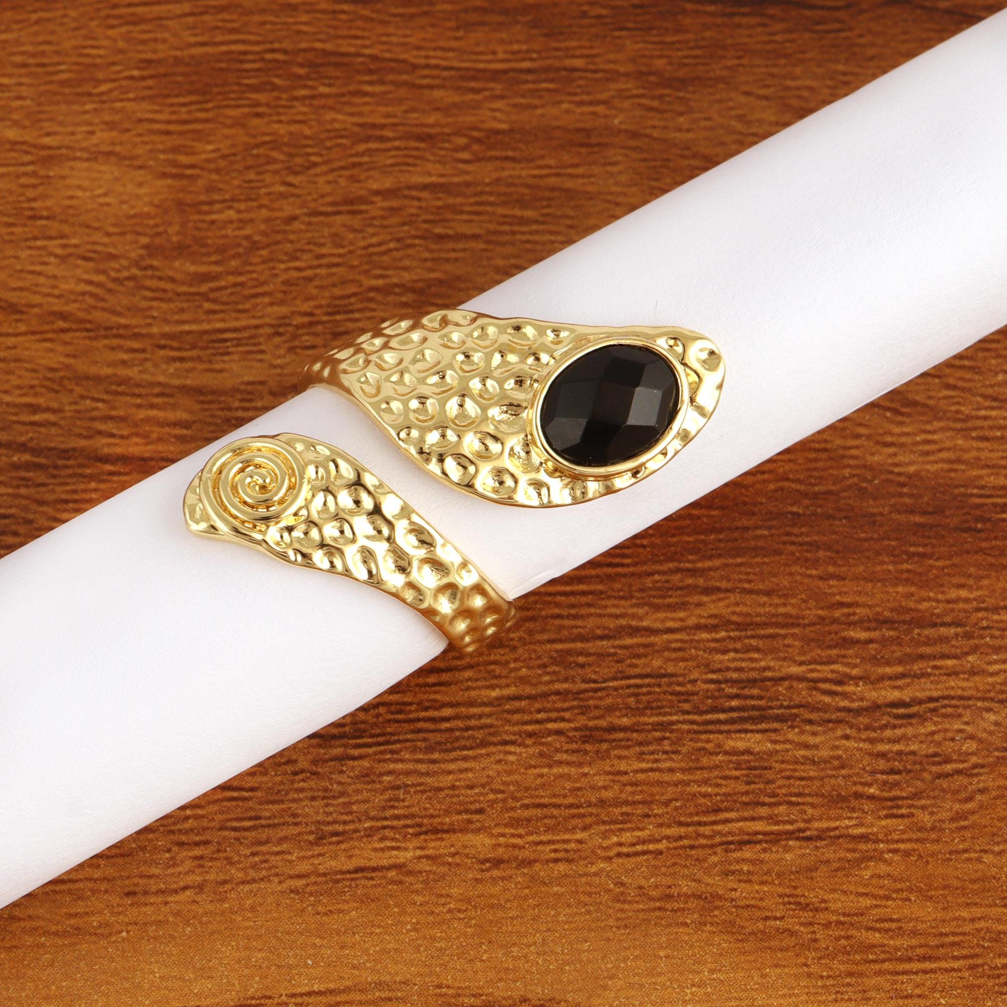 Black Onyx Snake Ring: Gold Plated Adjustable Gemstone Ring