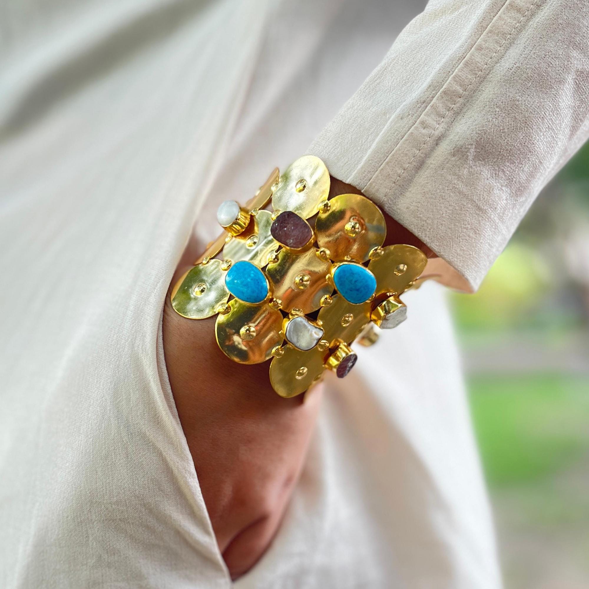 Pearl & Turquoise Coin Gold Plated Cuff: Boheminan Multi Gemstone Bangle Bracelet