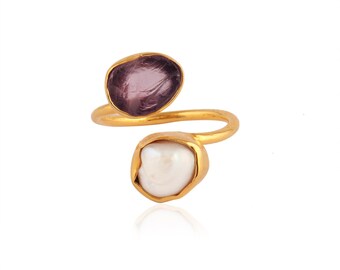 18k Gold Plated Ring with White Pearl - Amethyst Double Gemstone Handmade Statement Ring