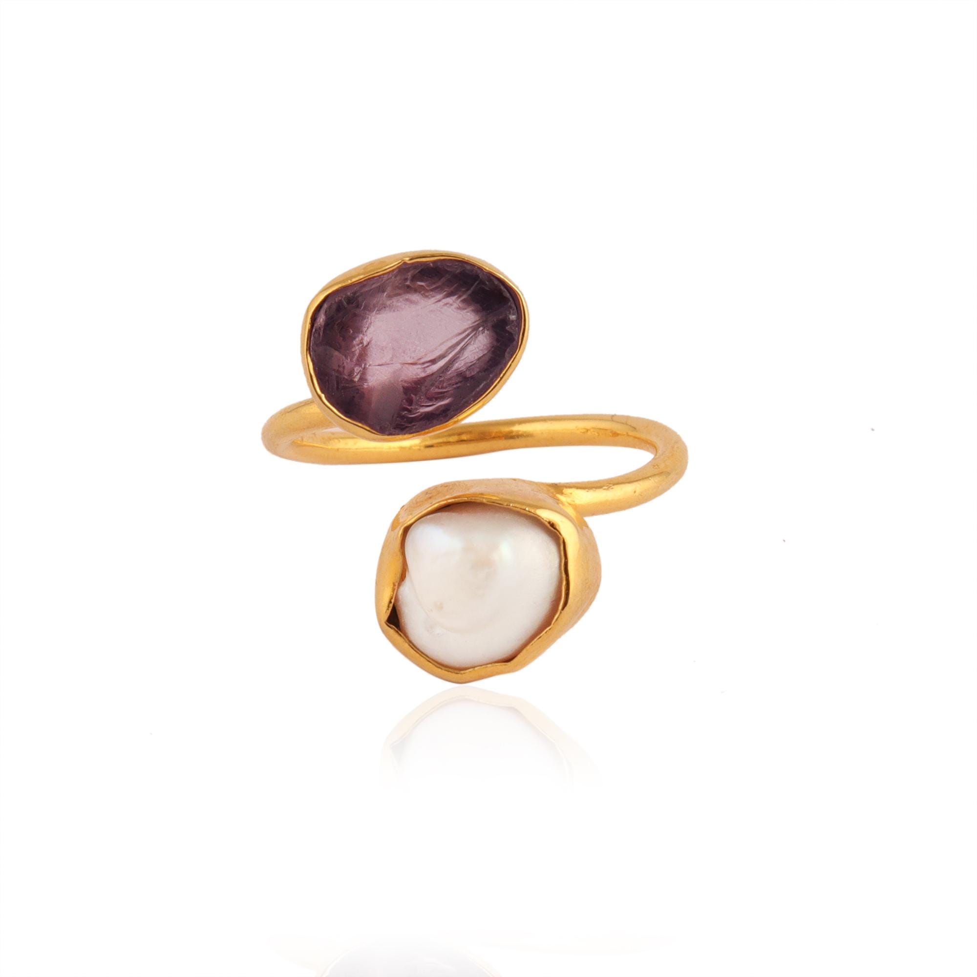 18k Gold Plated Ring with White Pearl - Amethyst Double Gemstone Handmade Statement Ring