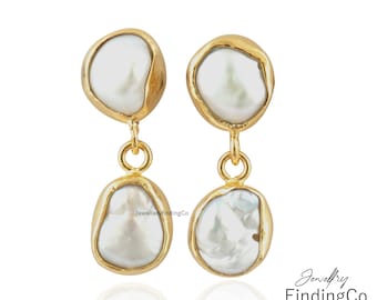 Gold Plated Irregular Pearl Drop Earrings - June Birthstone