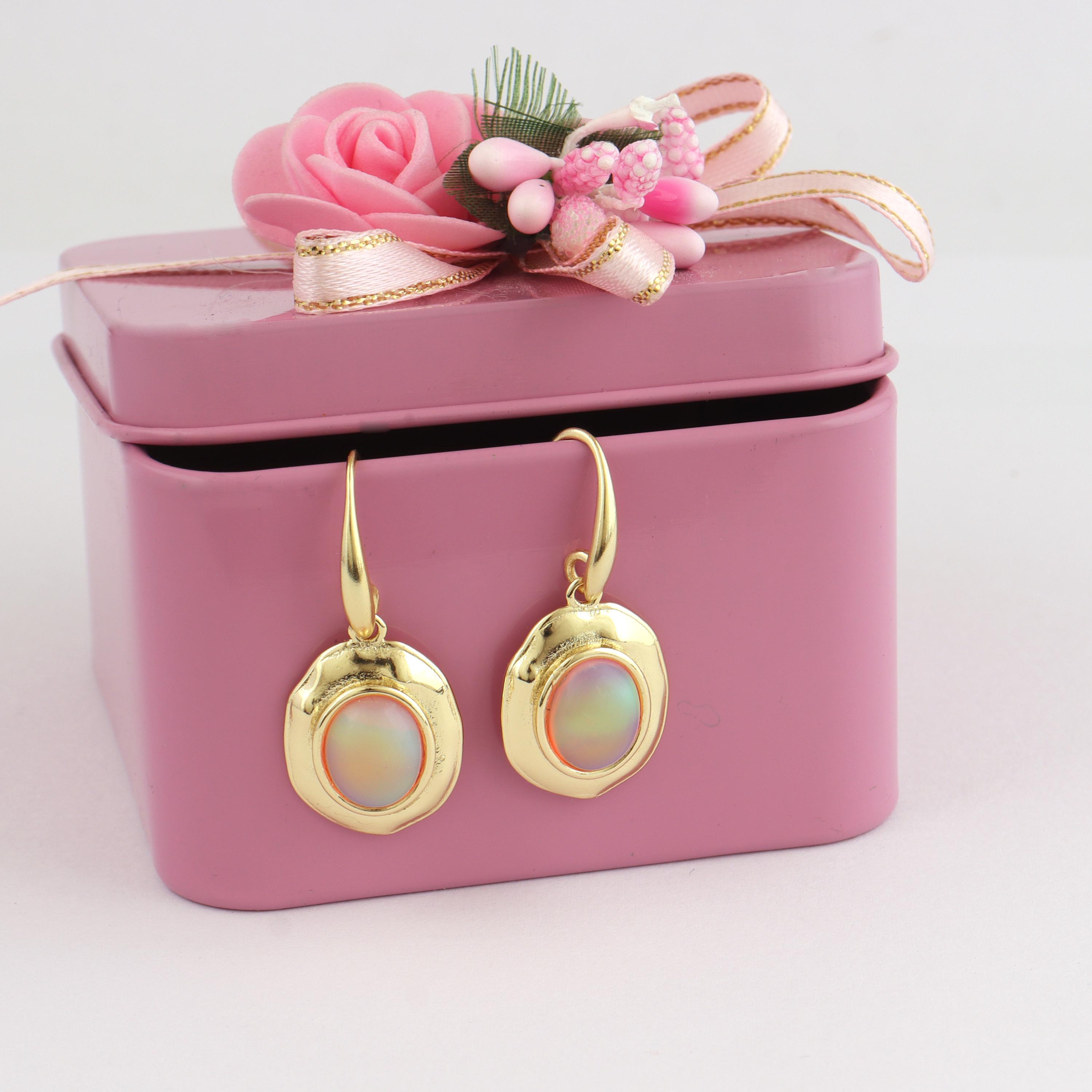 Synthetic Fire Opal Drop Earrings: 18k Gold Plated
