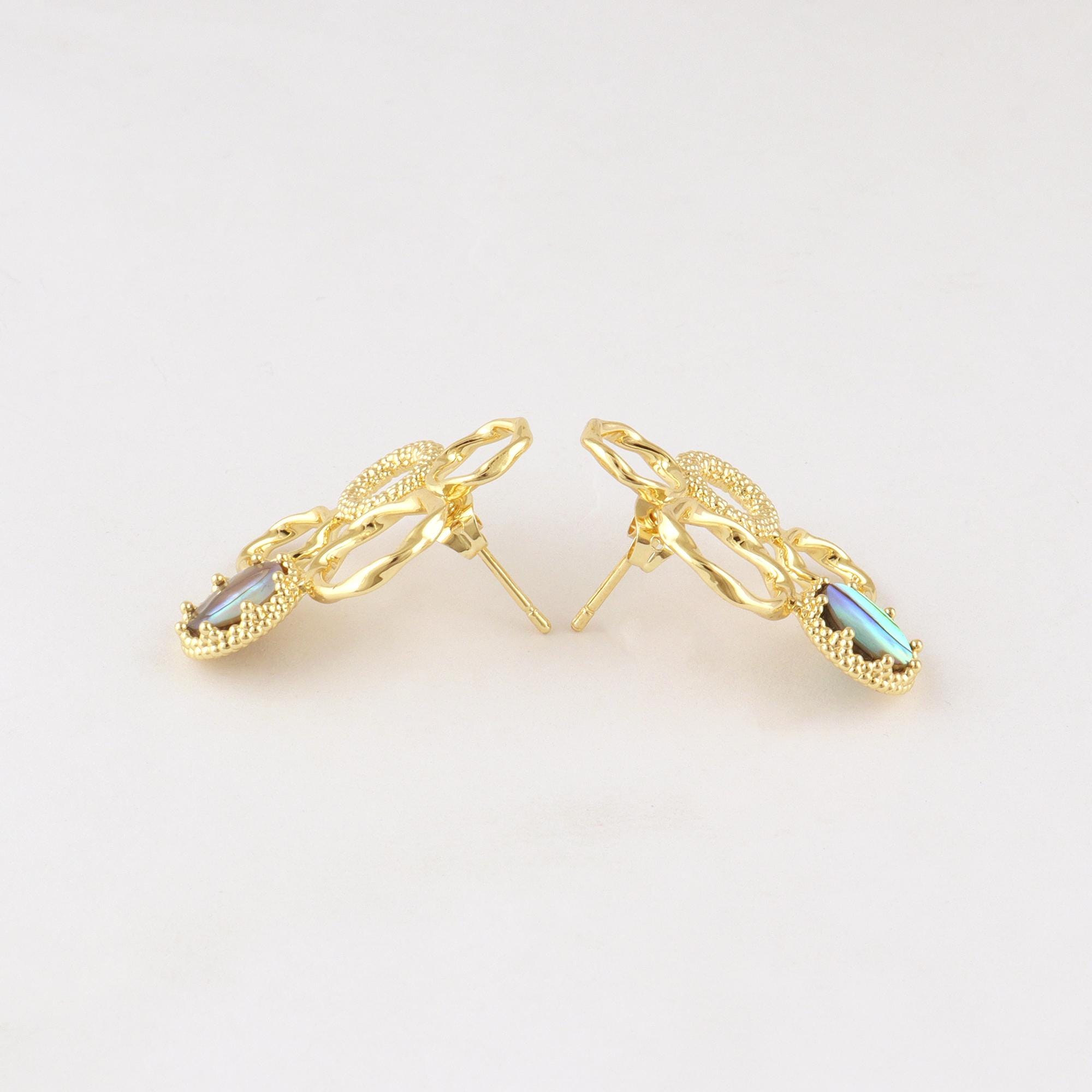 Abalone Shell Geometric Circle Earring: Handmade Gold Plated Brass Unique Design Stud Jewelry