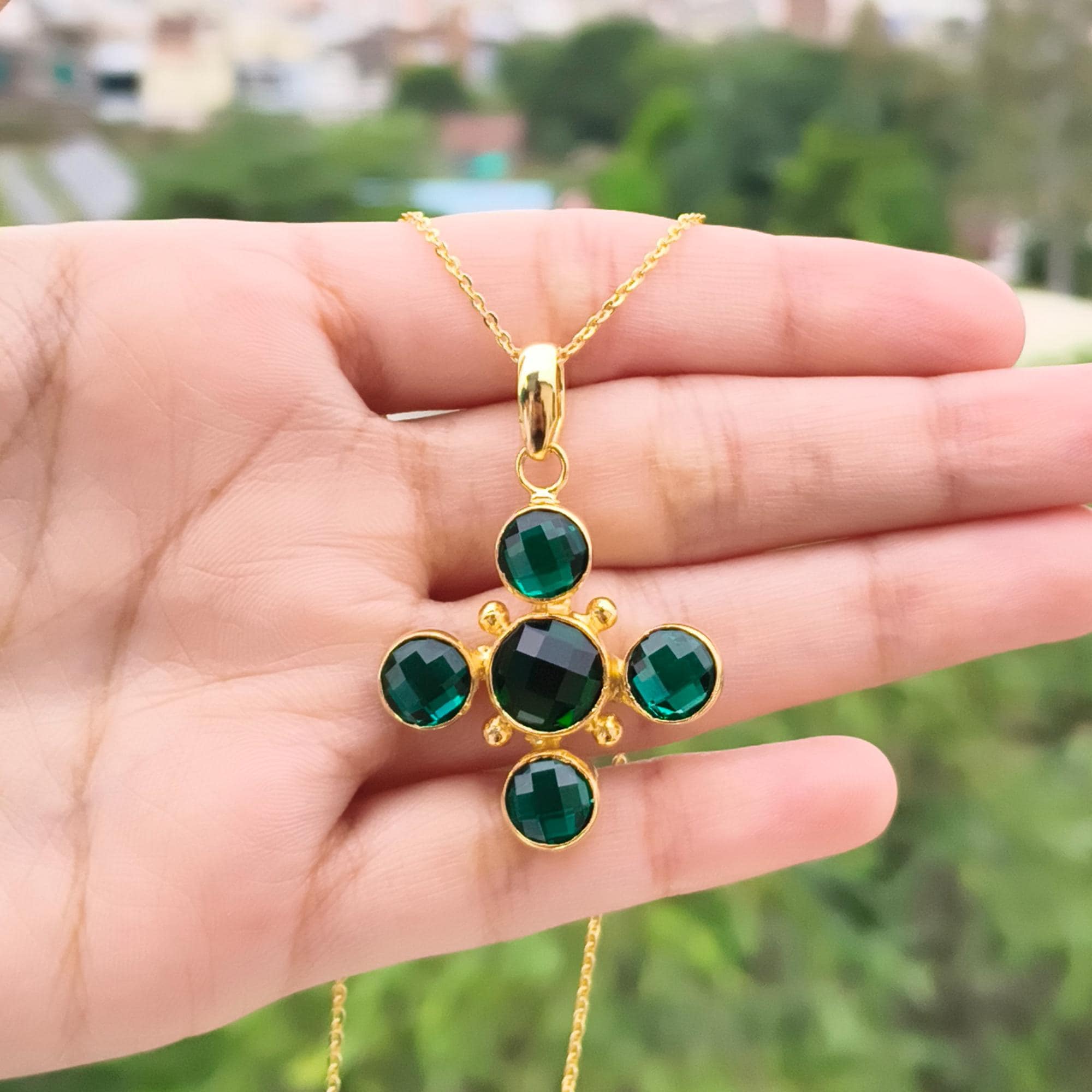 Emerald Quartz Round Shape Gemstone Pendant - 18k Gold Plated Cross Charm Necklace