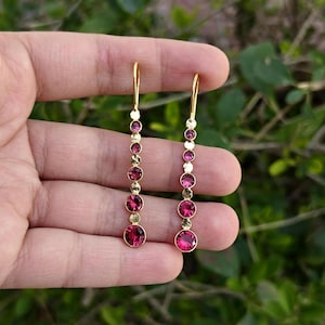 May include: A pair of gold drop earrings. Each earring has a vertical line of alternating round, deep pink gemstones and small, flat gold accents. The earrings are shown against a blurred green background.