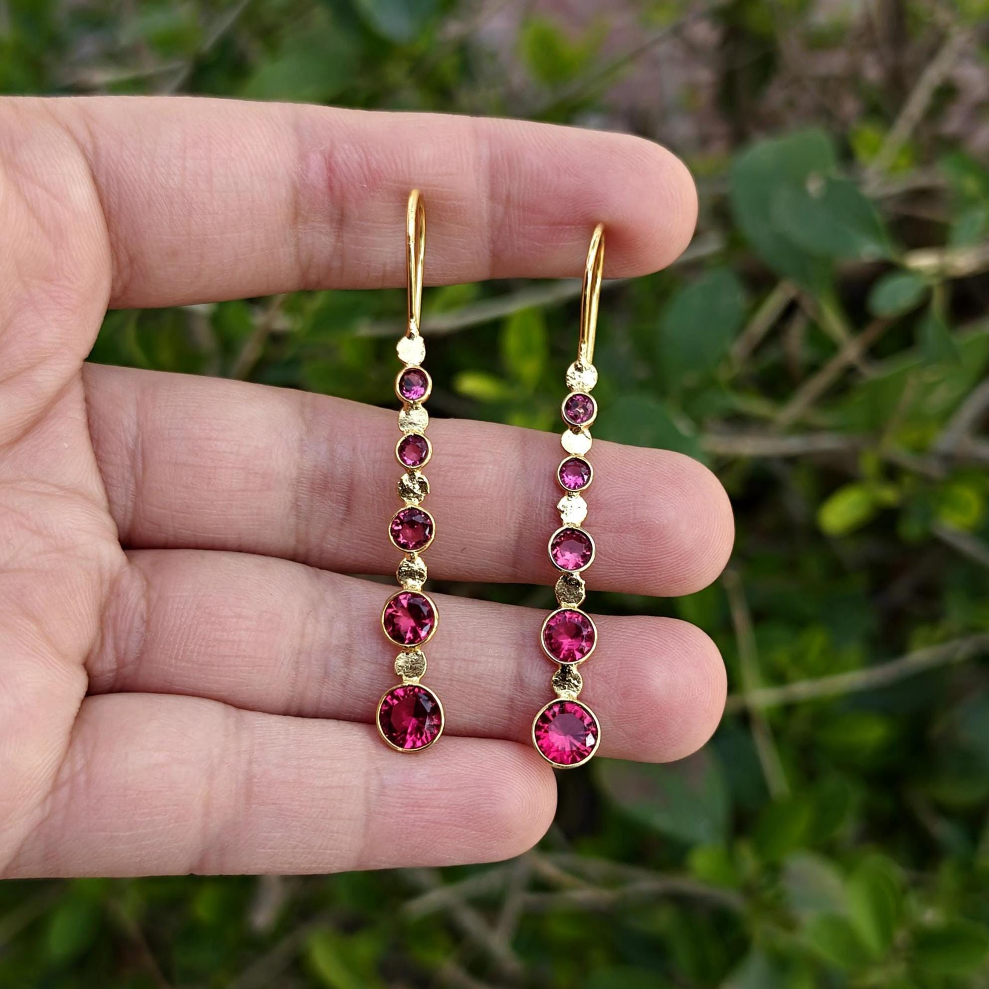 Ruby Quartz Hook Drop Earrings: Gold Plated Long Dangle Earrings