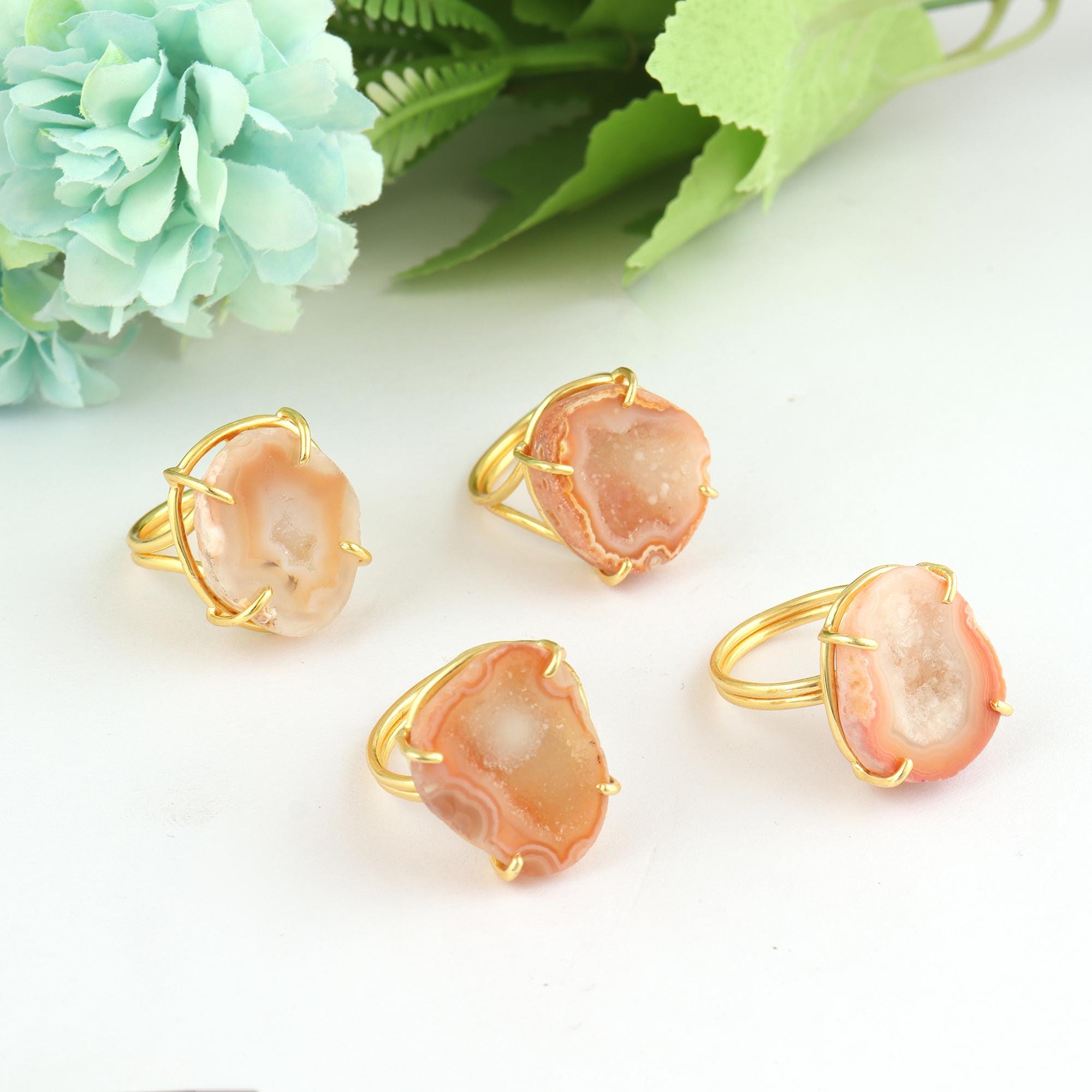 18k Gold Plated Geode Druzy Ring: Adjustable Quartz Rough Stone
