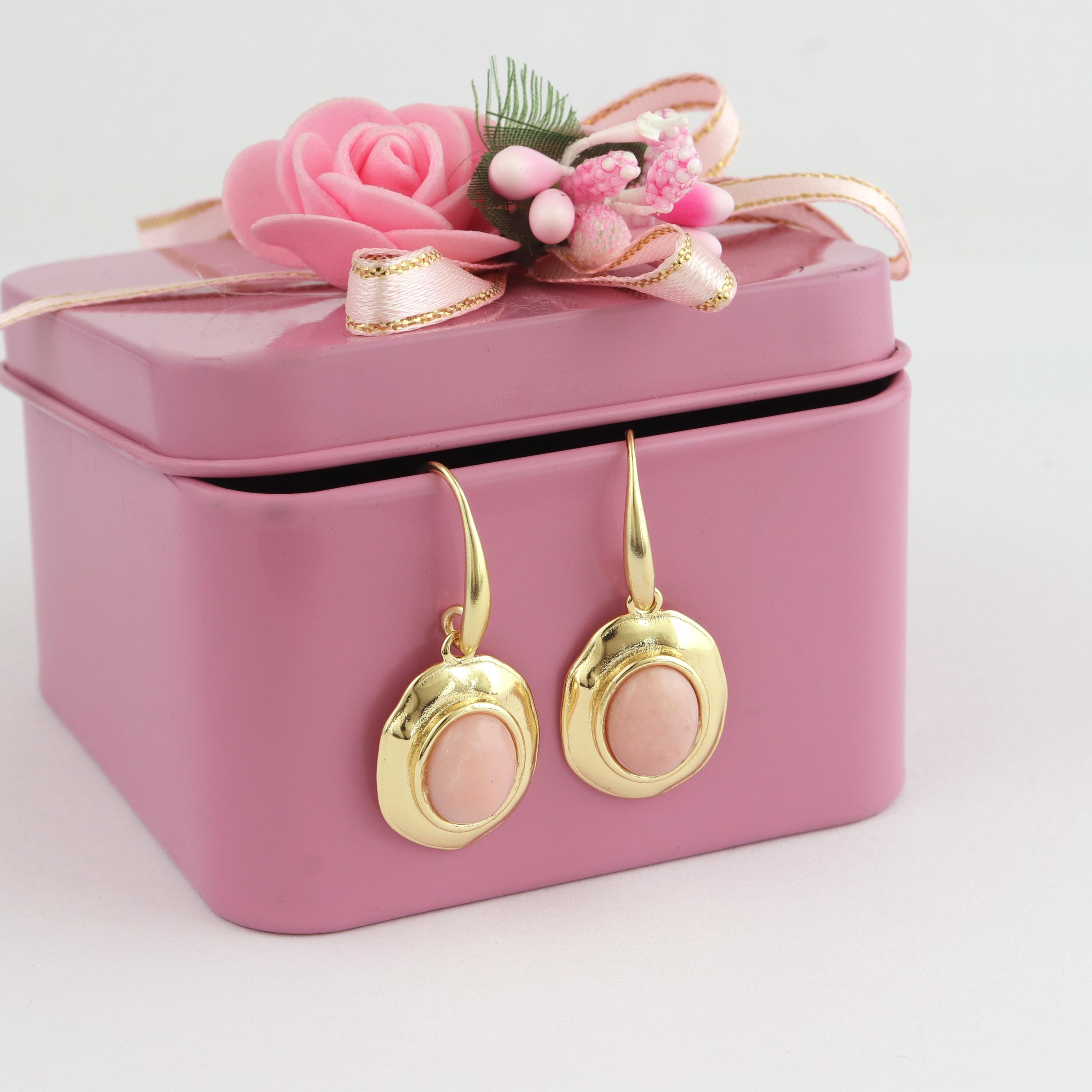 Pink Opal Drop Earrings: 18k Gold Plated, Oval Gemstone