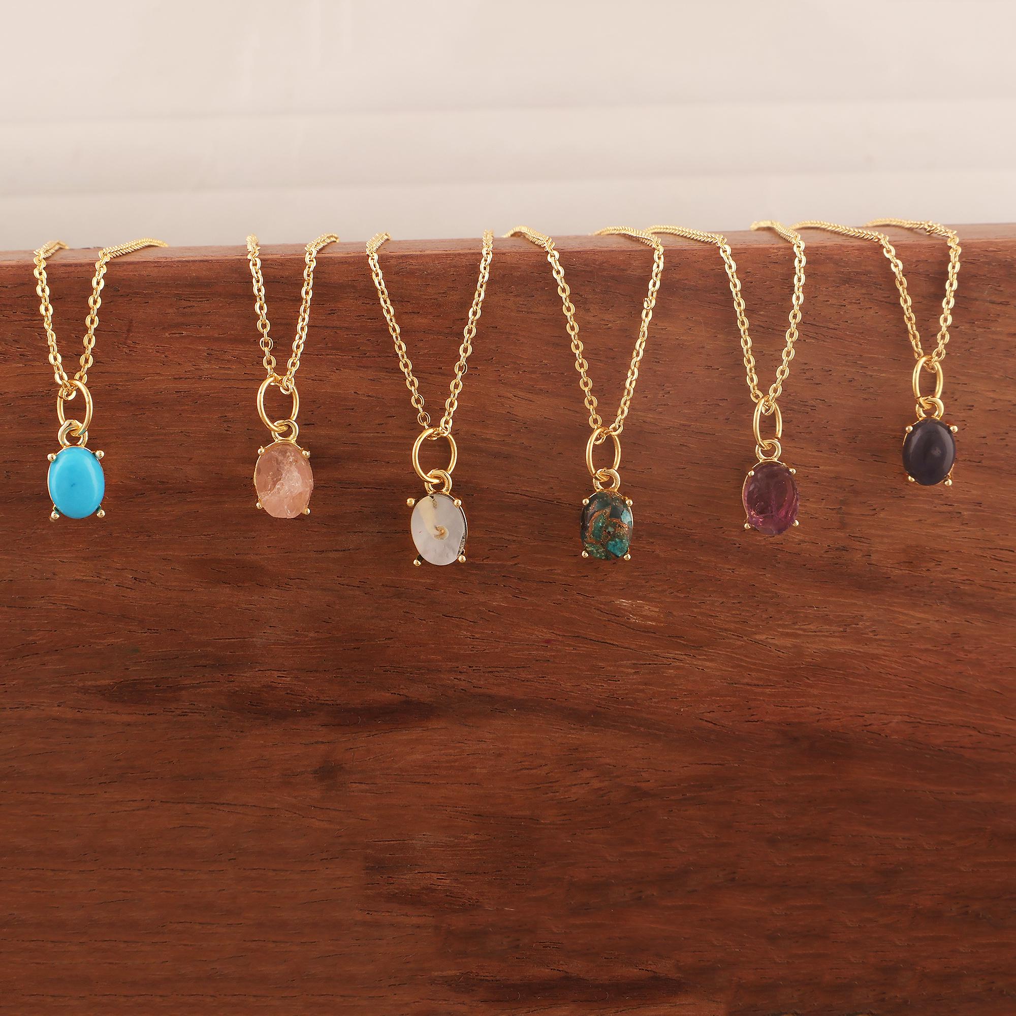 Gold Plated Turquoise Pendant Necklace: Raw Rose Quartz