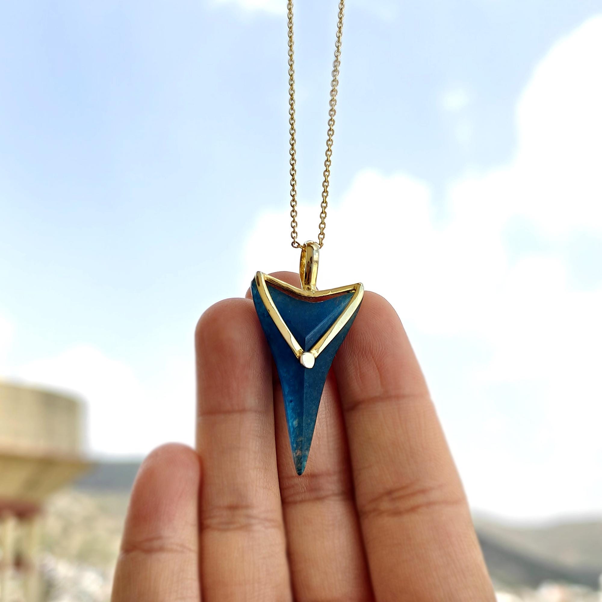 Apatite Jade Arrowhead Necklace: 18k Gold Plated Modern Tribal Long Triangle Pendant
