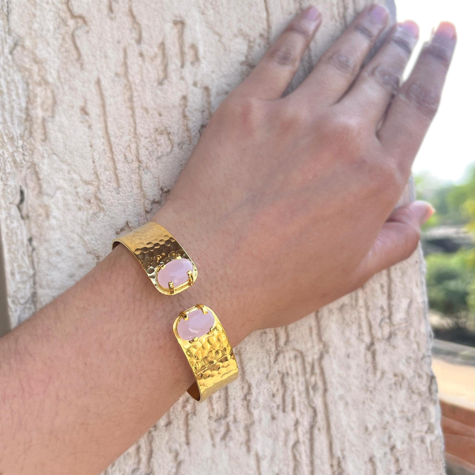 Oval Pink Chalcedony Cuff Bracelet: Hammered Gold Plated Prong Setting Gemstone Bangle