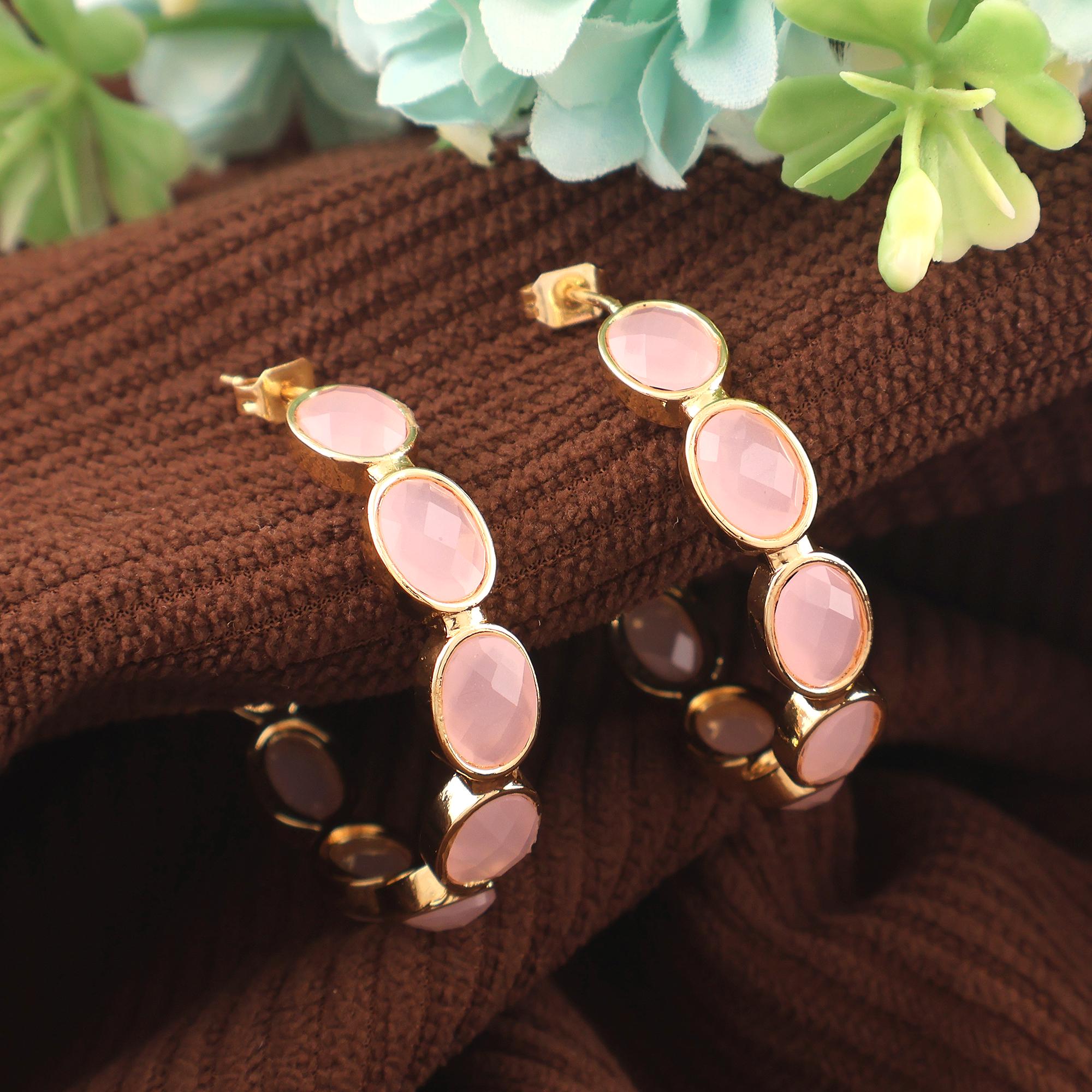 Gold Plated Pink Chalcedony Hoop Earrings: Oval Gemstone Dangle