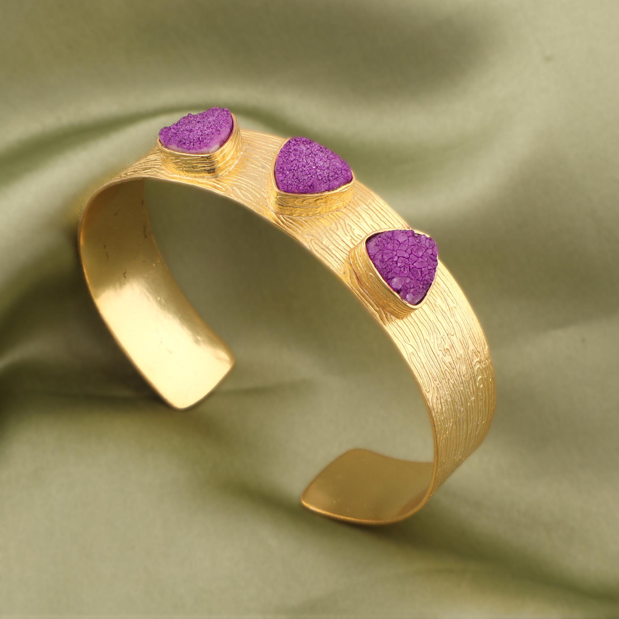 Purple Agate Druzy Cuff Bracelet: 18k Gold Plated Adjustable Bangle Sugar Druzy Gemstone