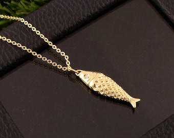 18k Brass Gold-Plated Fish Necklace: CZ Eye, Minimalist Beach Jewelry