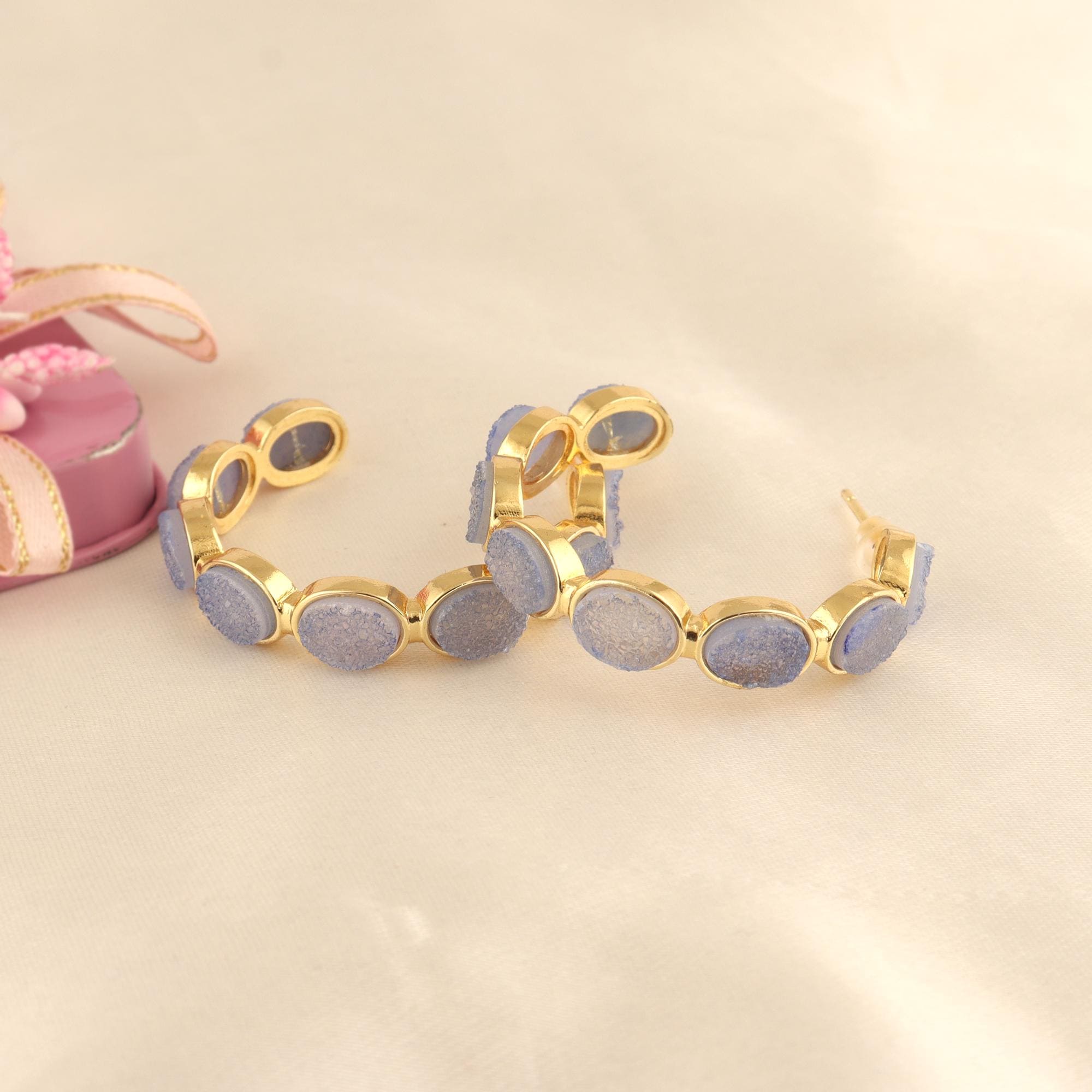 Blue Agate Druzy Hoop Earrings - Elegant Oval Studs Sugar Druzy Gemstone