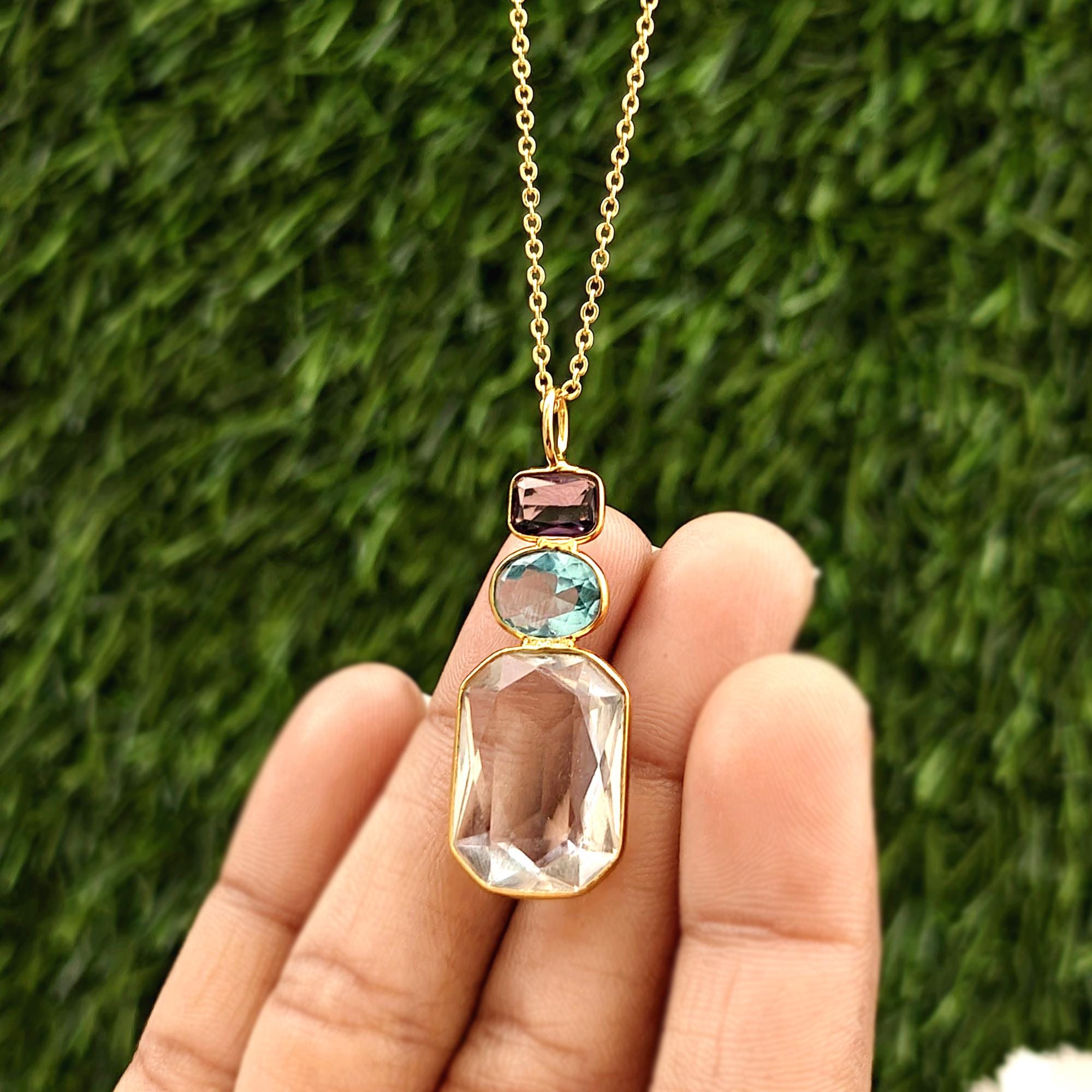 Gold Plated Amethyst, Swiss Blue & Crystal Quartz Pendant Necklace: Dainty Everyday Charm Drops