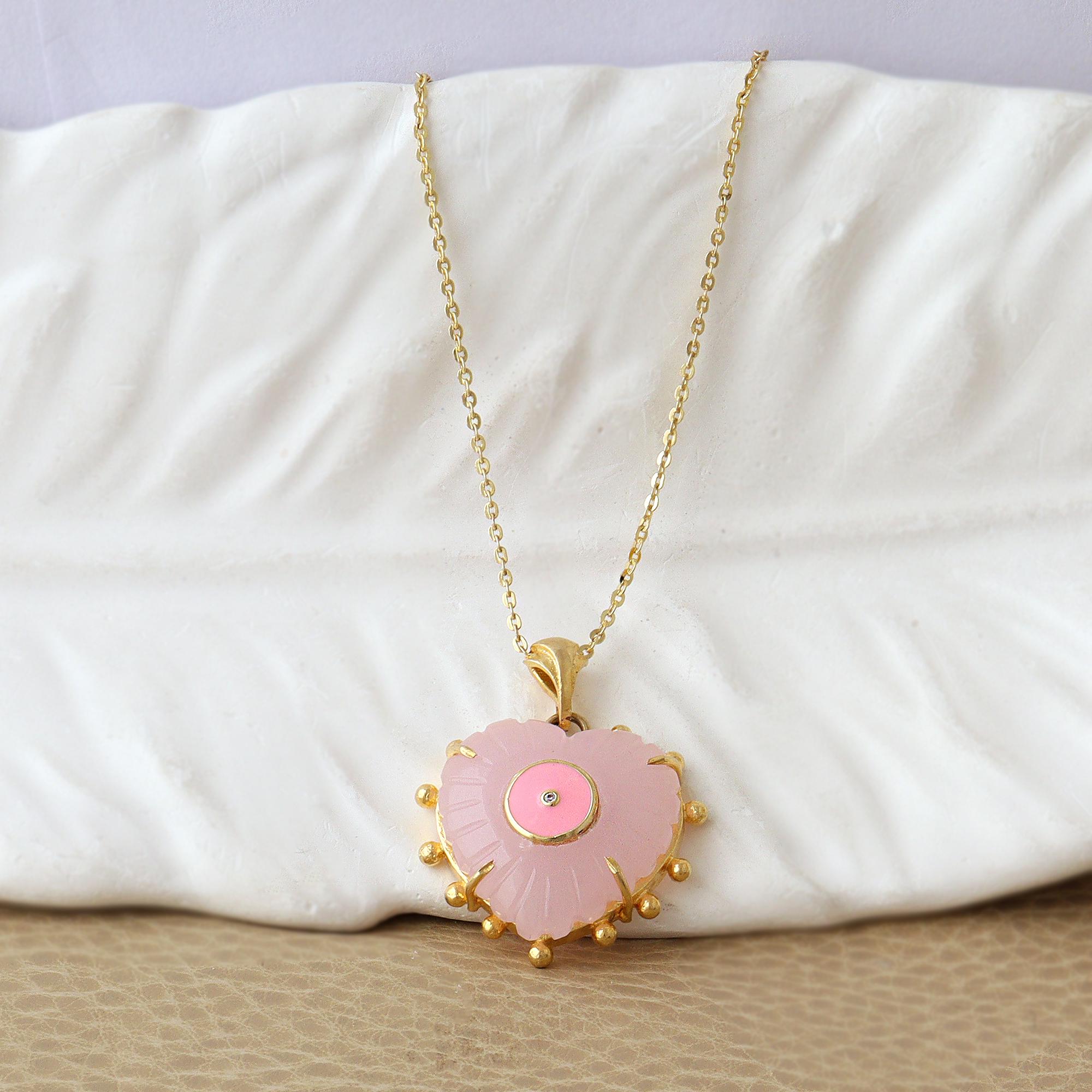 Pink Chalcedony Heart Pendant Necklace: Gold Plated Heart Charm