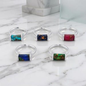 Copper Turquoise Silver Plated Gemstone Rings - One Micron Mojave Turquoise Bar Ring, Statement Jewelry