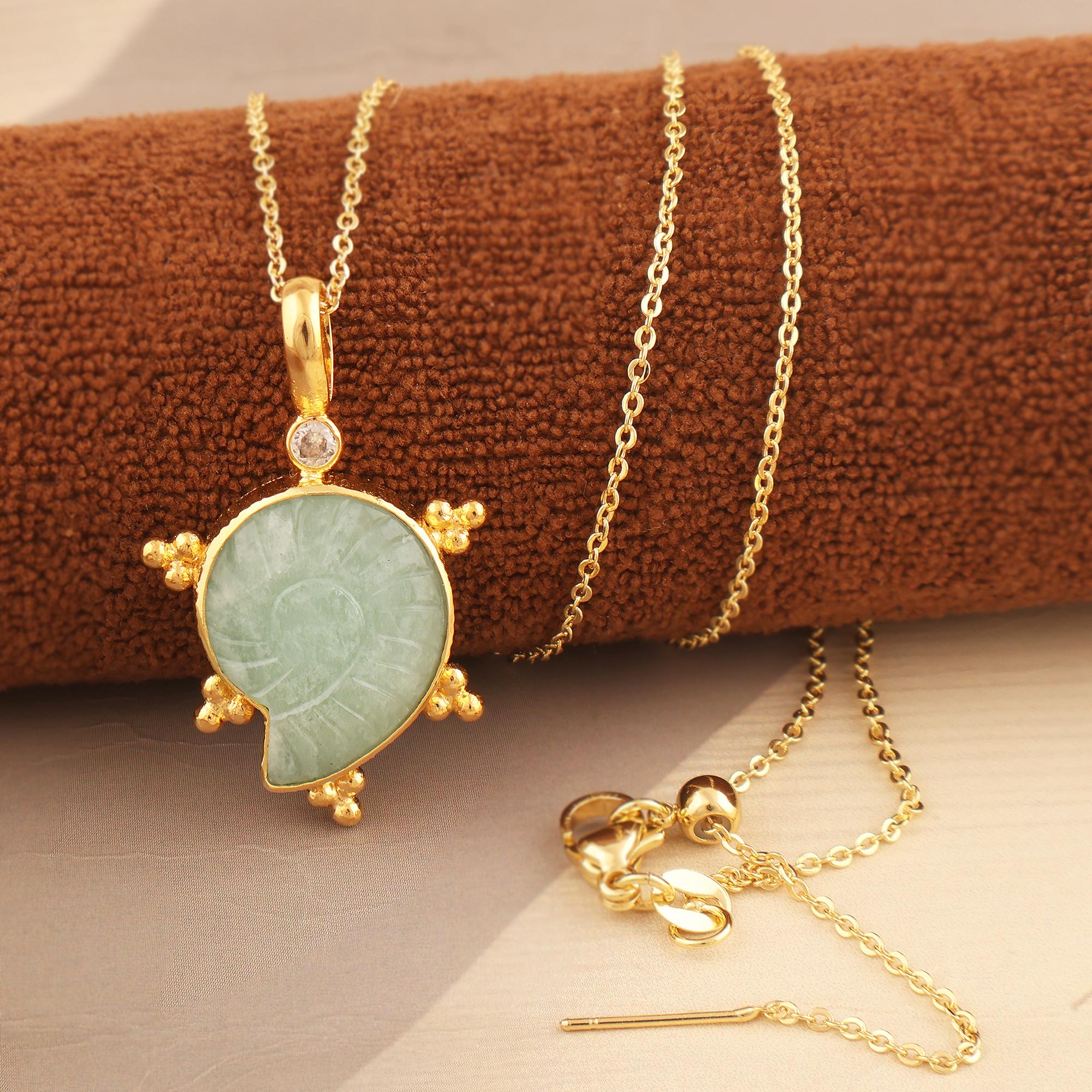 Gold Plated Amazonite Shell Necklace: Carved Gemstone Pendant Carving Jewelry